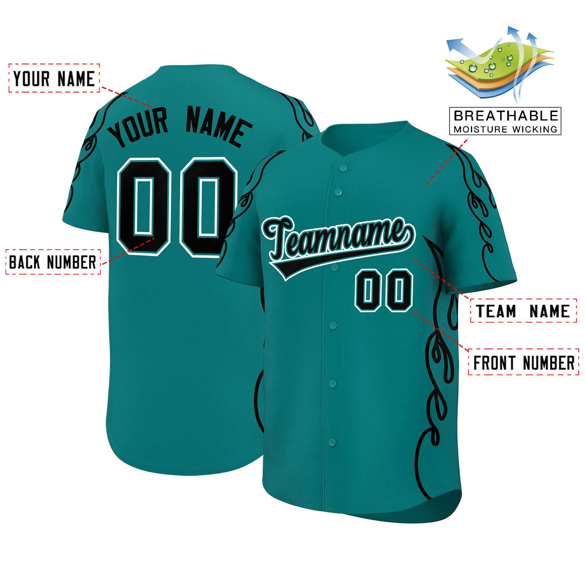 Custom Teal Black Side Flame Outline Pattern Sports Uniform Basetball Jersey