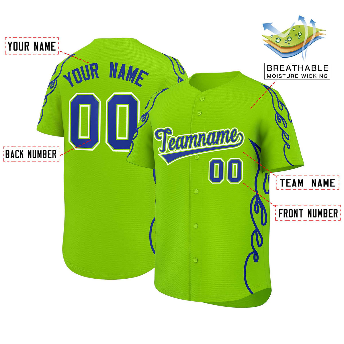 Custom Neon Green Royal Side Flame Outline Pattern Sports Uniform Basetball Jersey