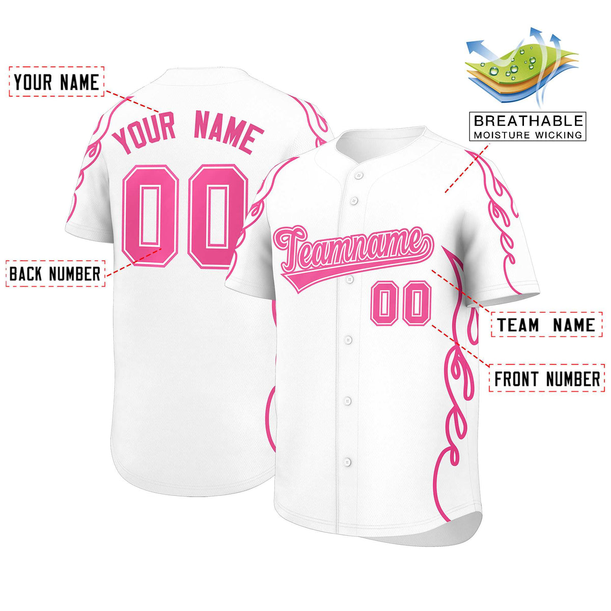 Custom White Pink Side Flame Outline Pattern Sports Uniform Basetball Jersey