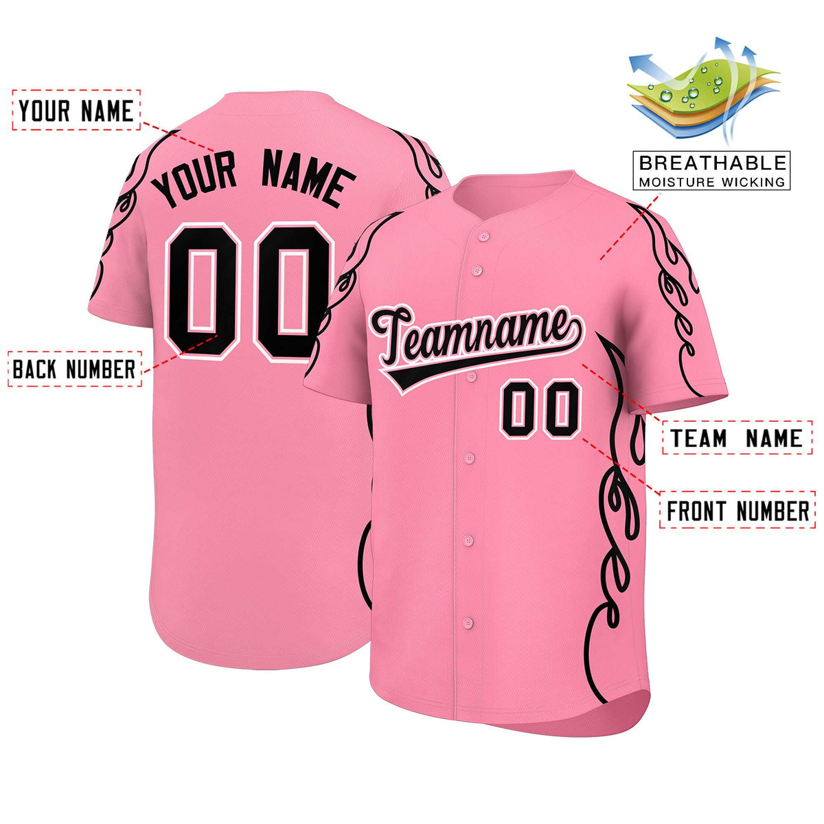 Custom Light Pink Black Side Flame Outline Pattern Sports Uniform Basetball Jersey