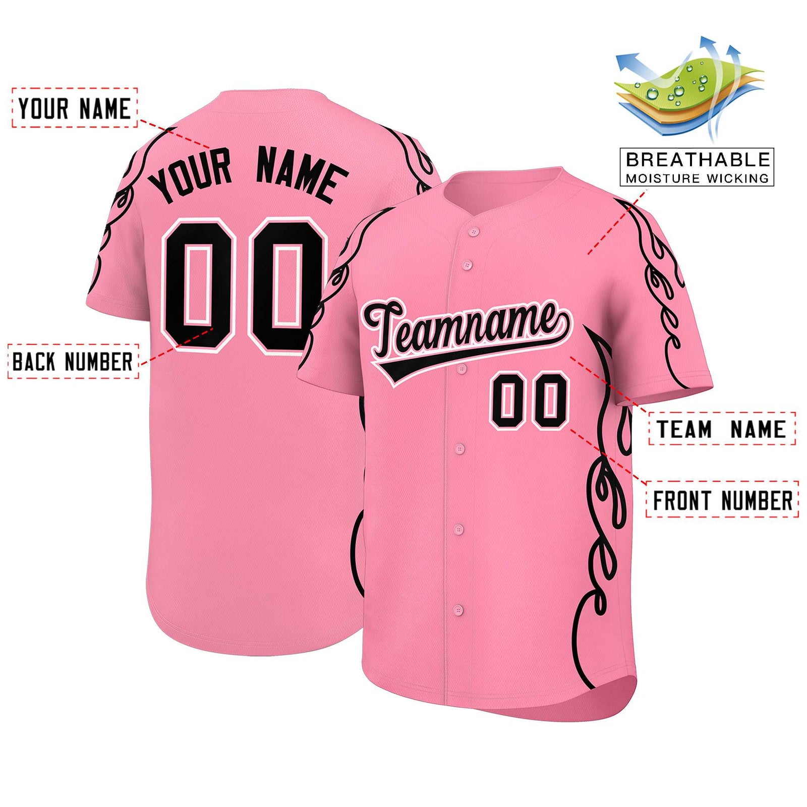 Custom Light Pink Black Side Flame Outline Pattern Sports Uniform Basetball Jersey