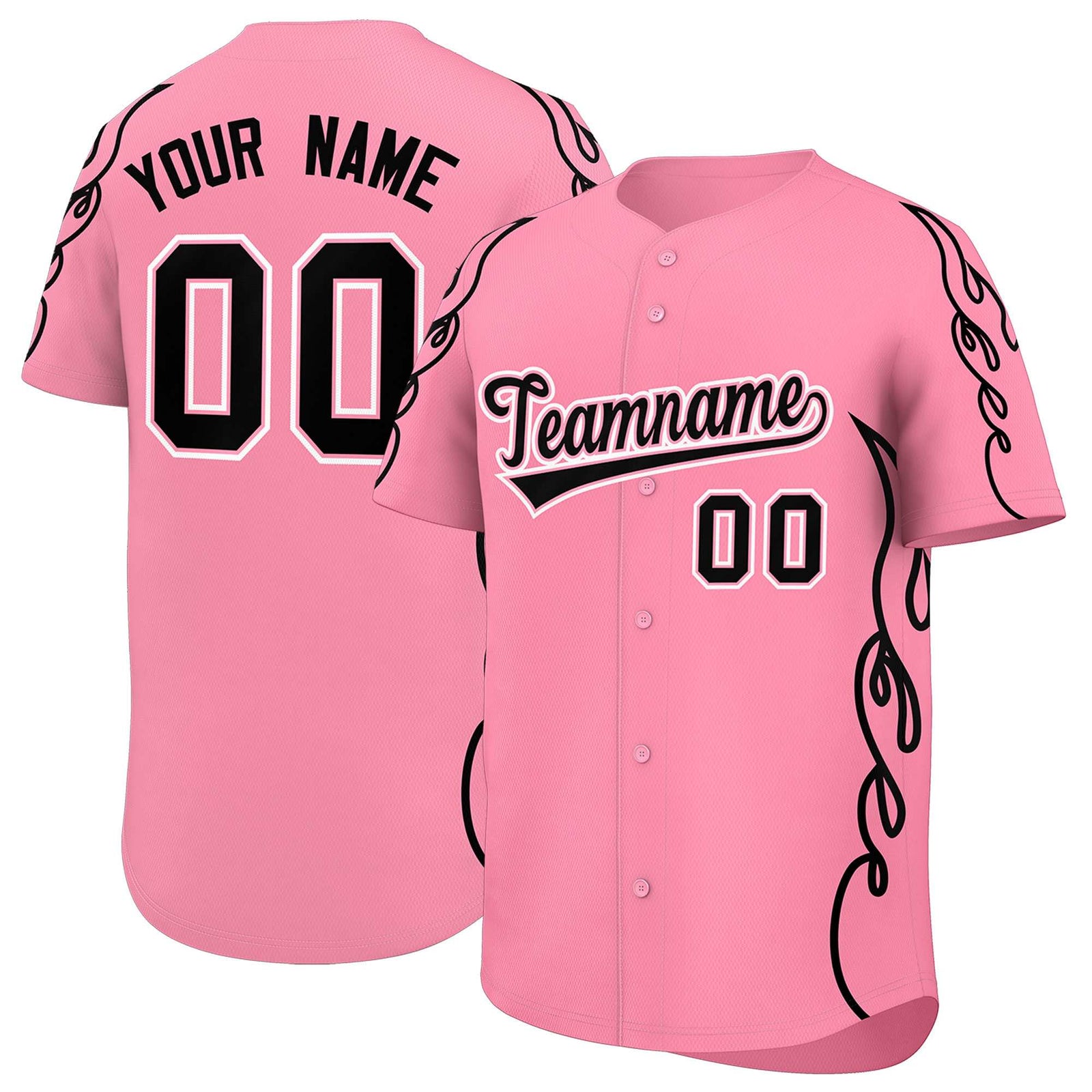 Custom Light Pink Black Side Flame Outline Pattern Sports Uniform Basetball Jersey
