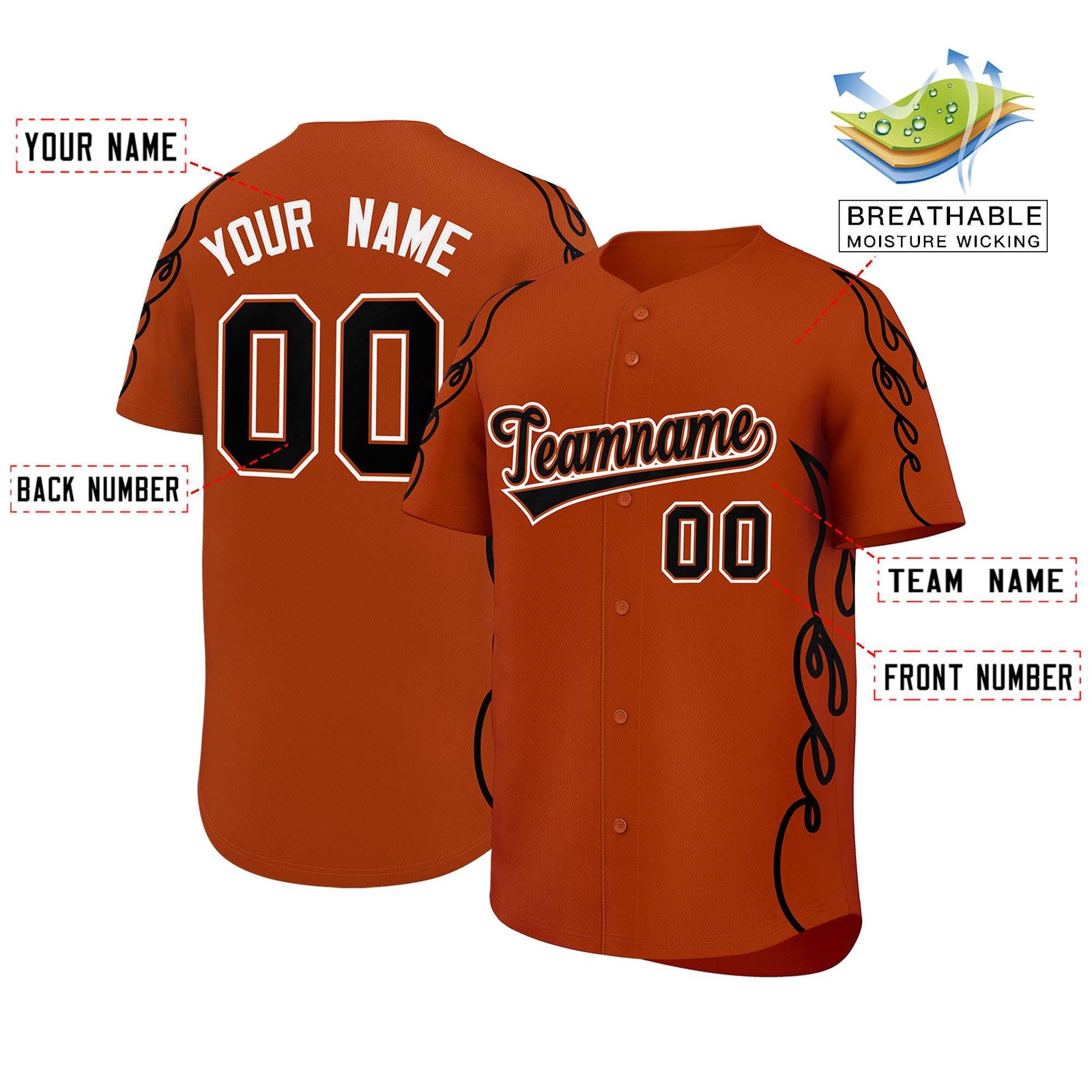 Custom Texas Orange Black Side Flame Outline Pattern Sports Uniform Basetball Jersey