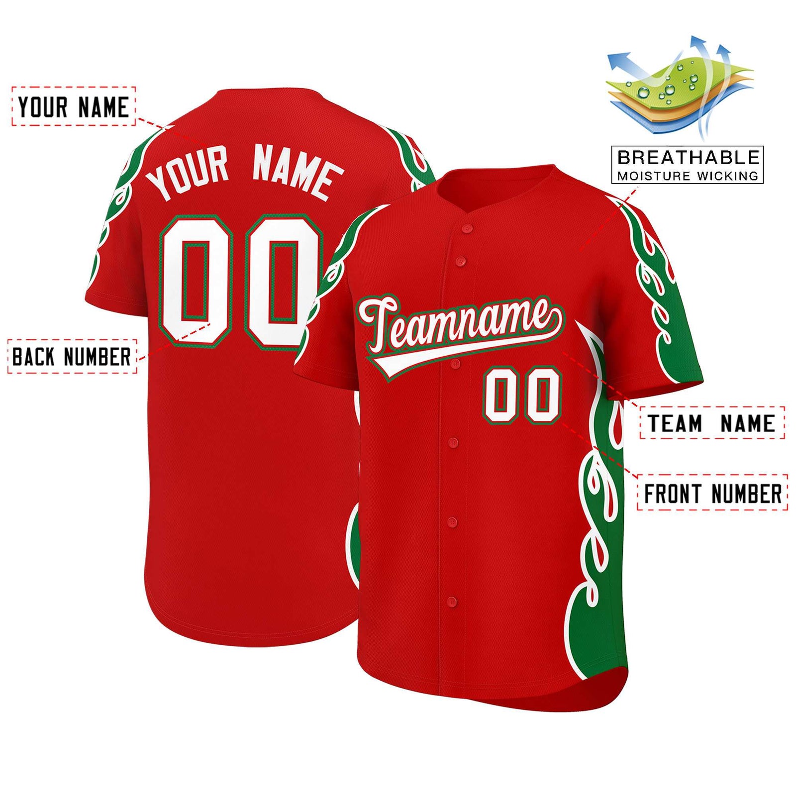 Custom Red Kelly Green Side Flame Outline Pattern Sports Uniform Basetball Jersey