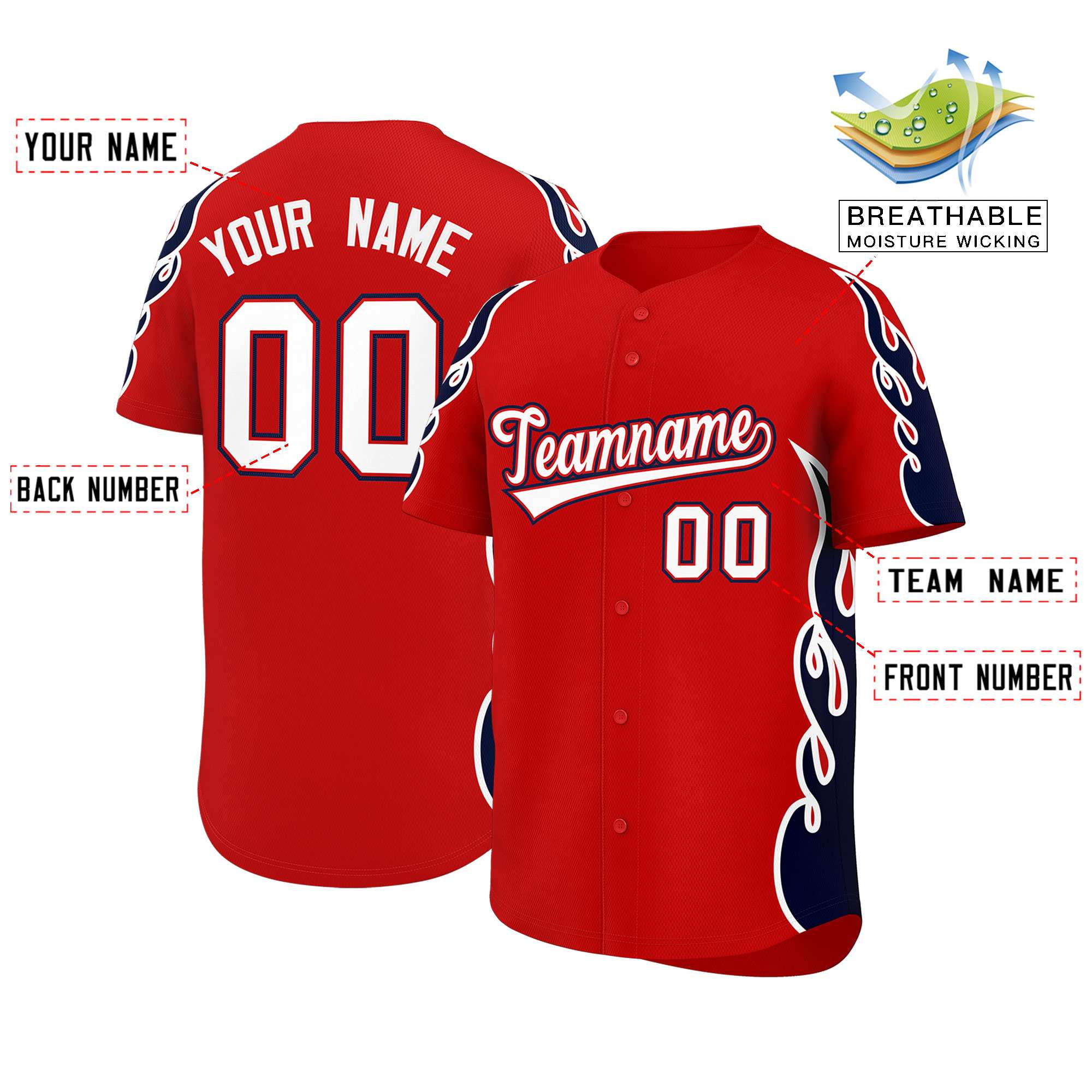 Custom Red Navy Side Flame Outline Pattern Sports Uniform Basetball Jersey