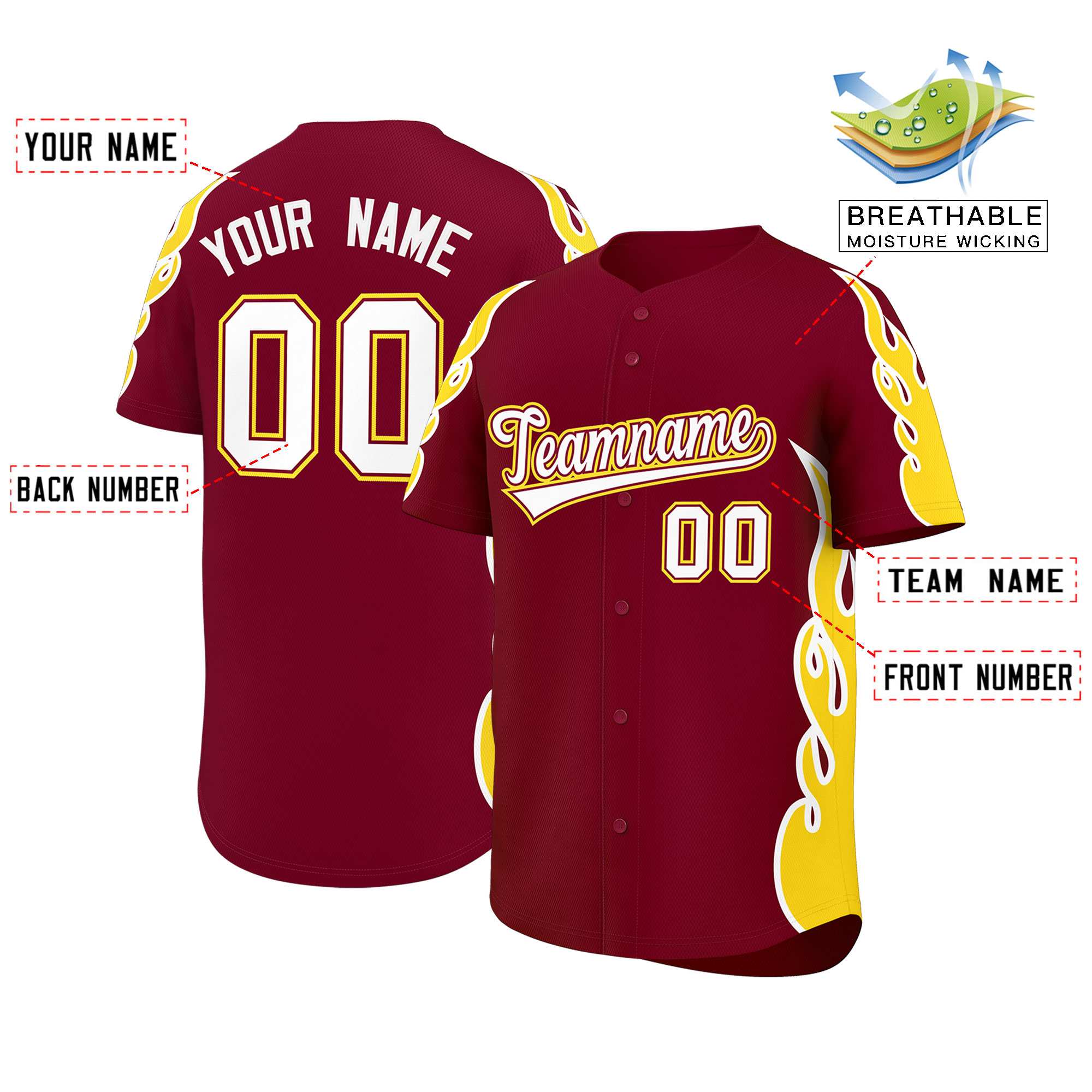 Custom Crimson Gold Side Flame Outline Pattern Sports Uniform Basetball Jersey