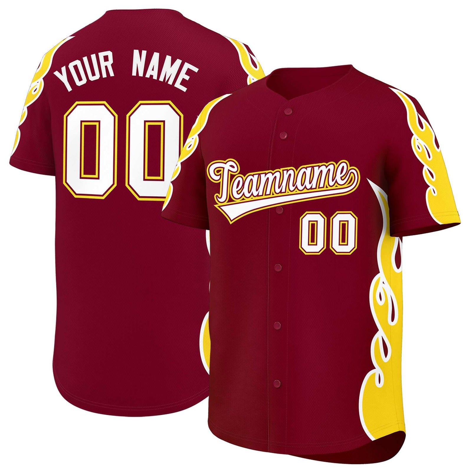 Custom Crimson Gold Side Flame Outline Pattern Sports Uniform Basetball Jersey