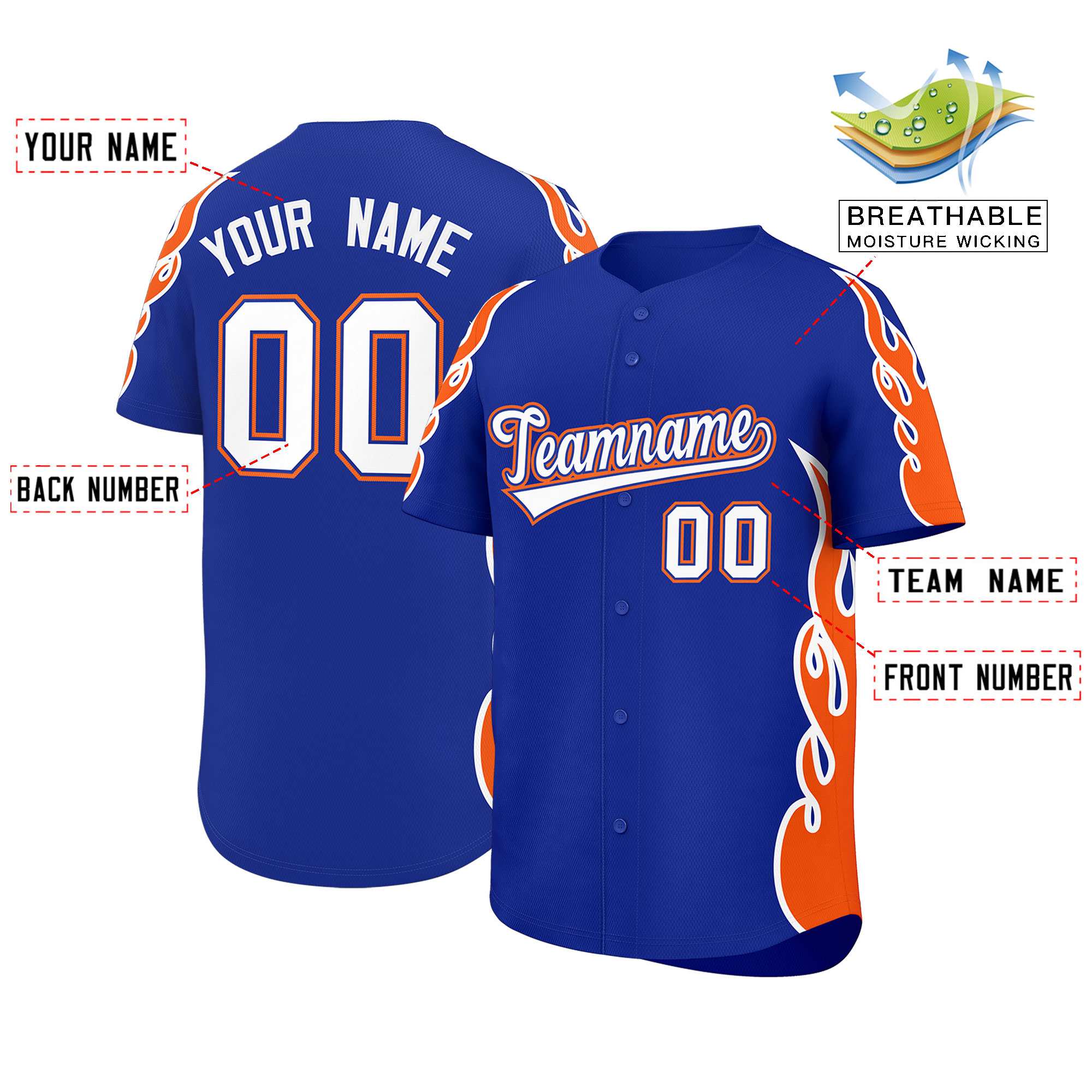 Custom Royal Orange Side Flame Outline Pattern Sports Uniform Basetball Jersey