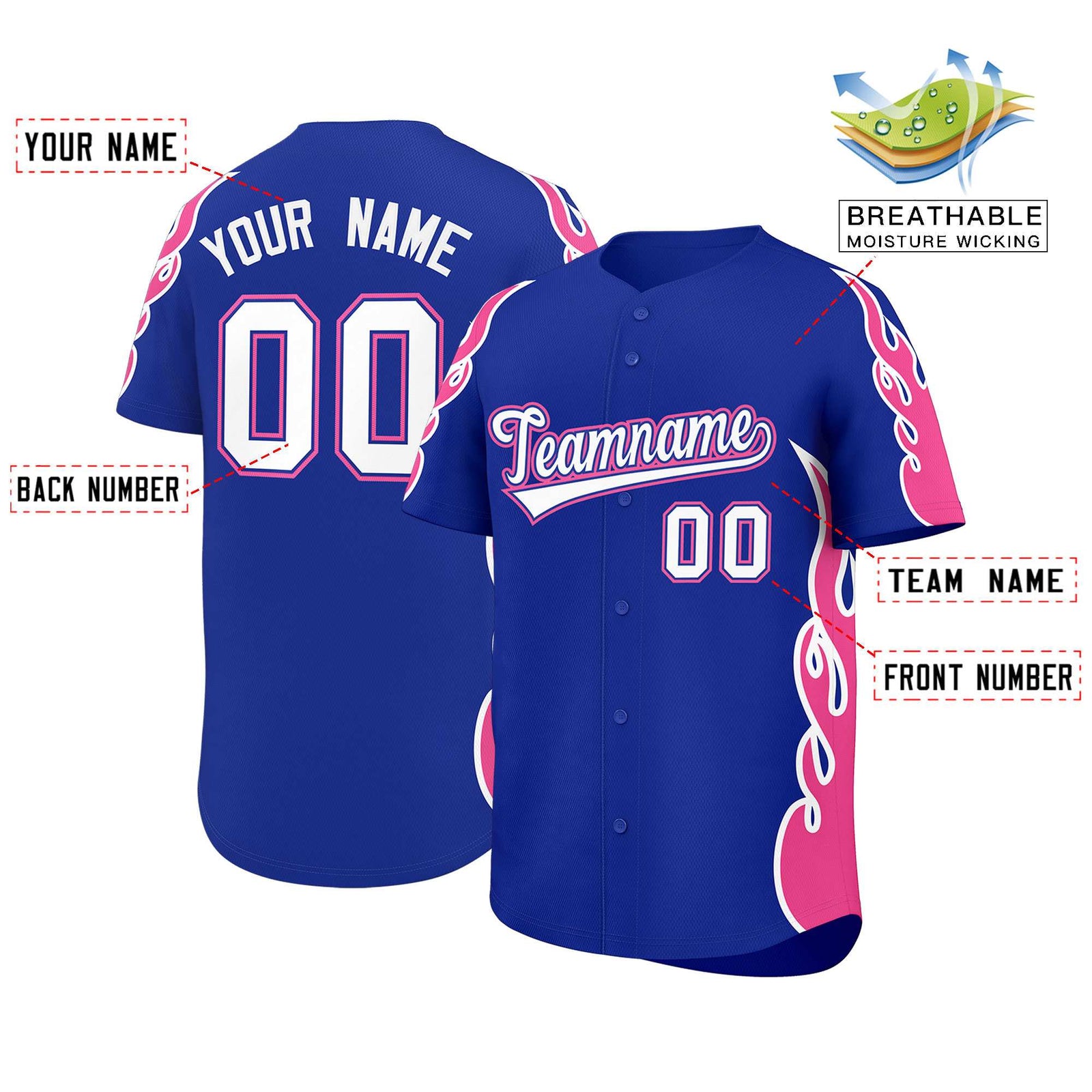 Custom Royal Pink Side Flame Outline Pattern Sports Uniform Basetball Jersey