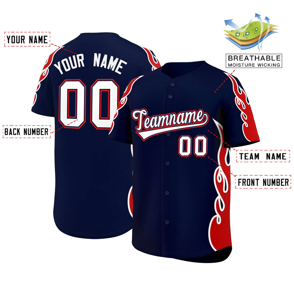 Custom Navy Red Side Flame Outline Pattern Sports Uniform Basetball Jersey