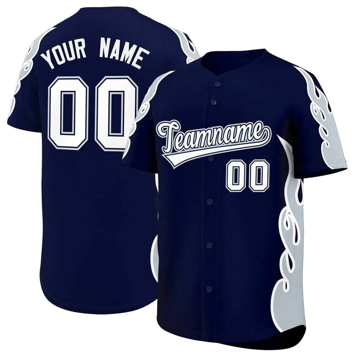 Custom Navy Silver Side Flame Outline Pattern Sports Uniform Basetball Jersey