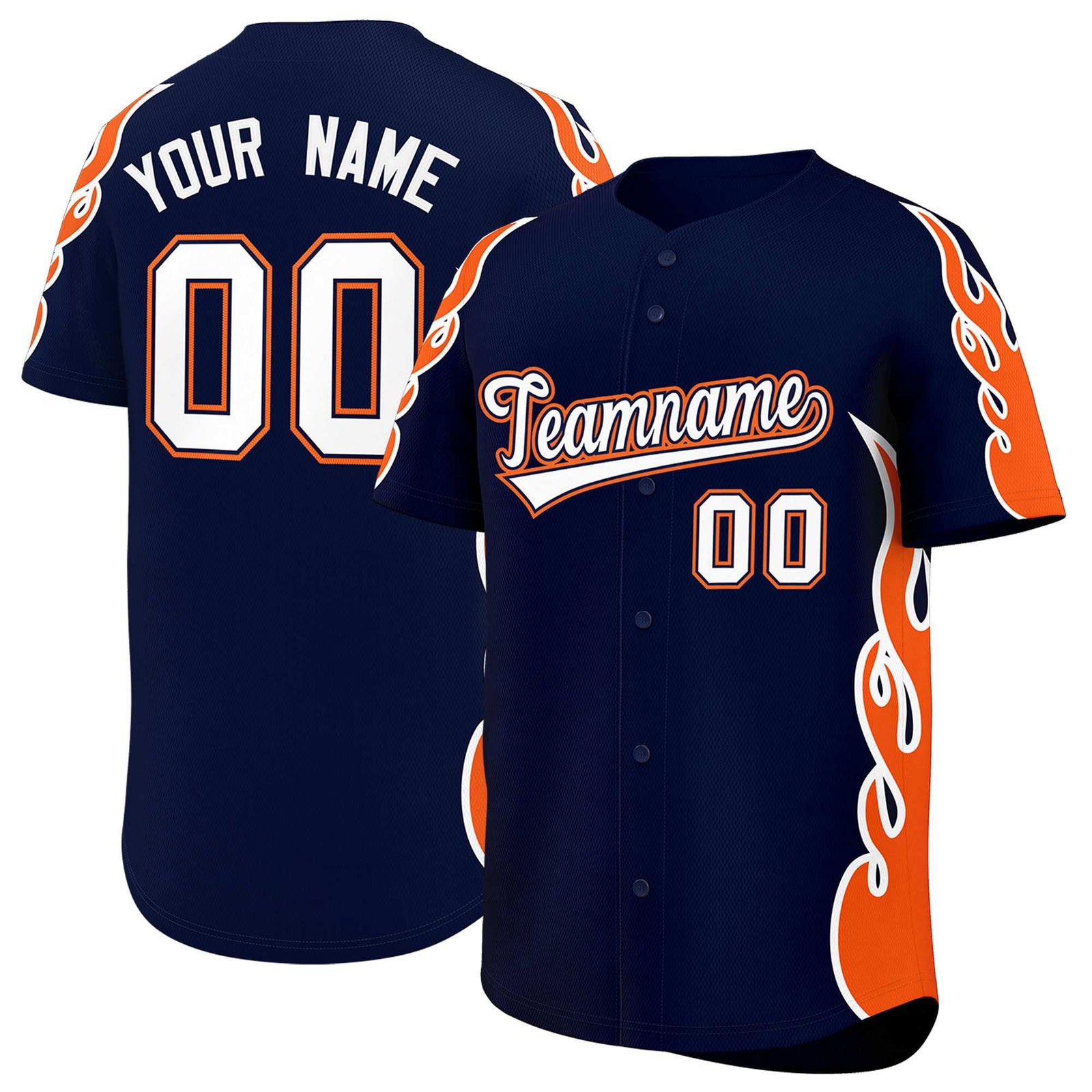 Custom Navy Orange Side Flame Outline Pattern Sports Uniform Basetball Jersey
