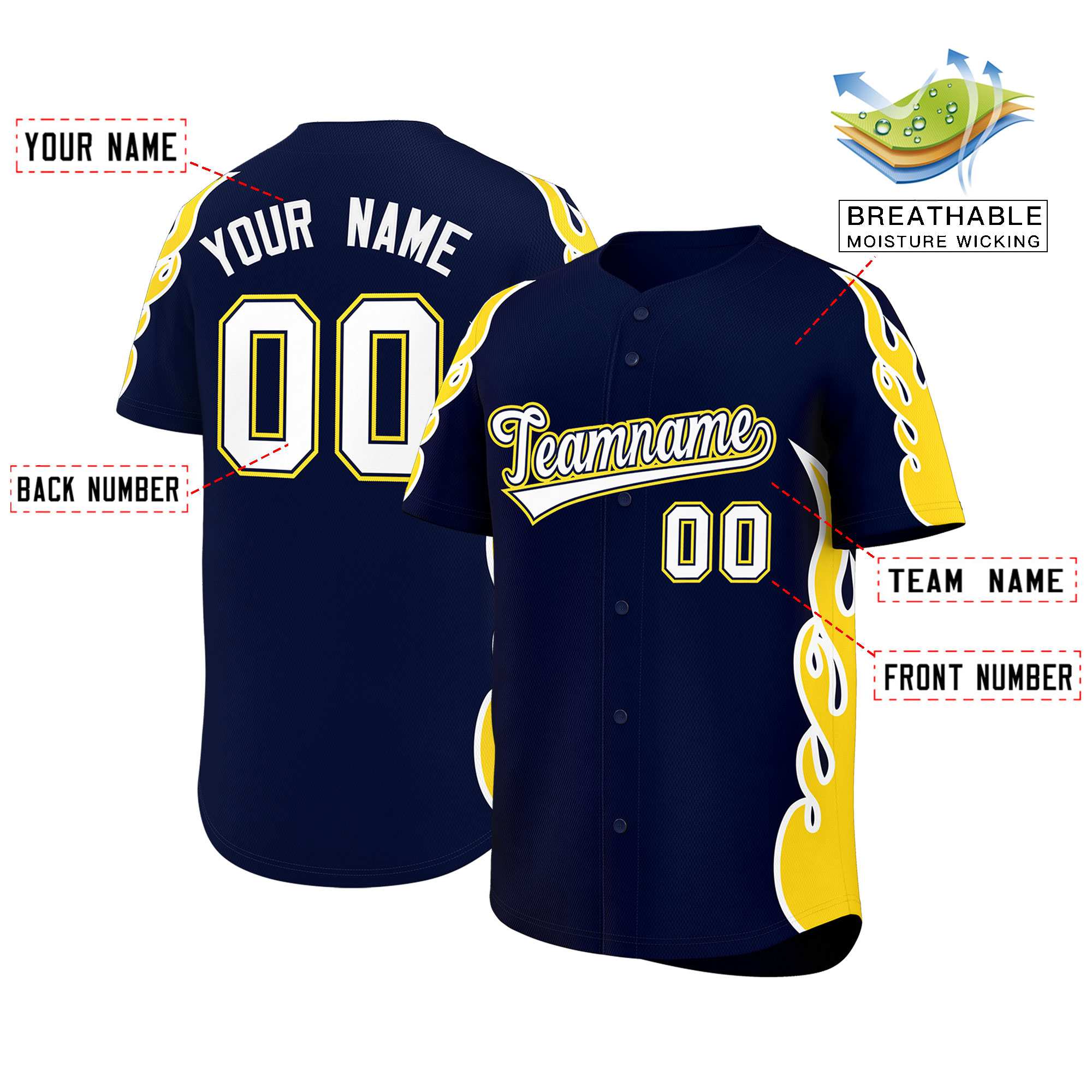 Custom Navy Gold Side Flame Outline Pattern Sports Uniform Basetball Jersey