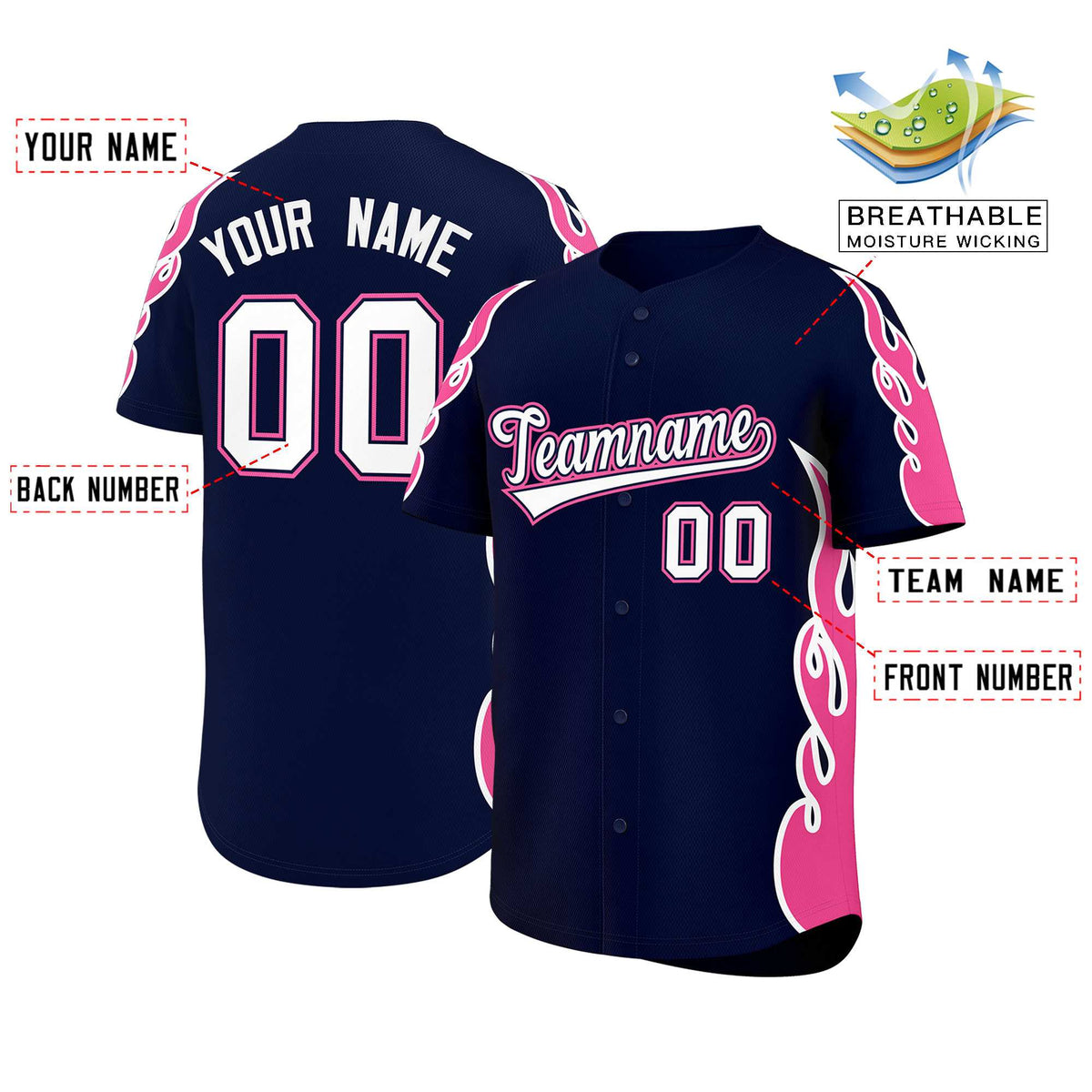 Custom Navy Pink Side Flame Outline Pattern Sports Uniform Basetball Jersey
