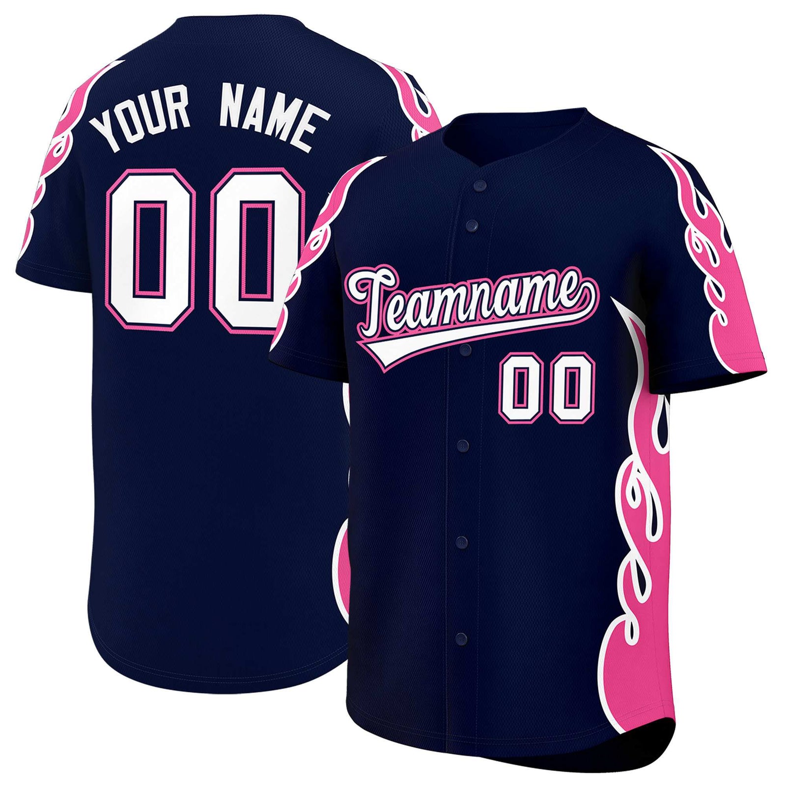 Custom Navy Pink Side Flame Outline Pattern Sports Uniform Basetball Jersey