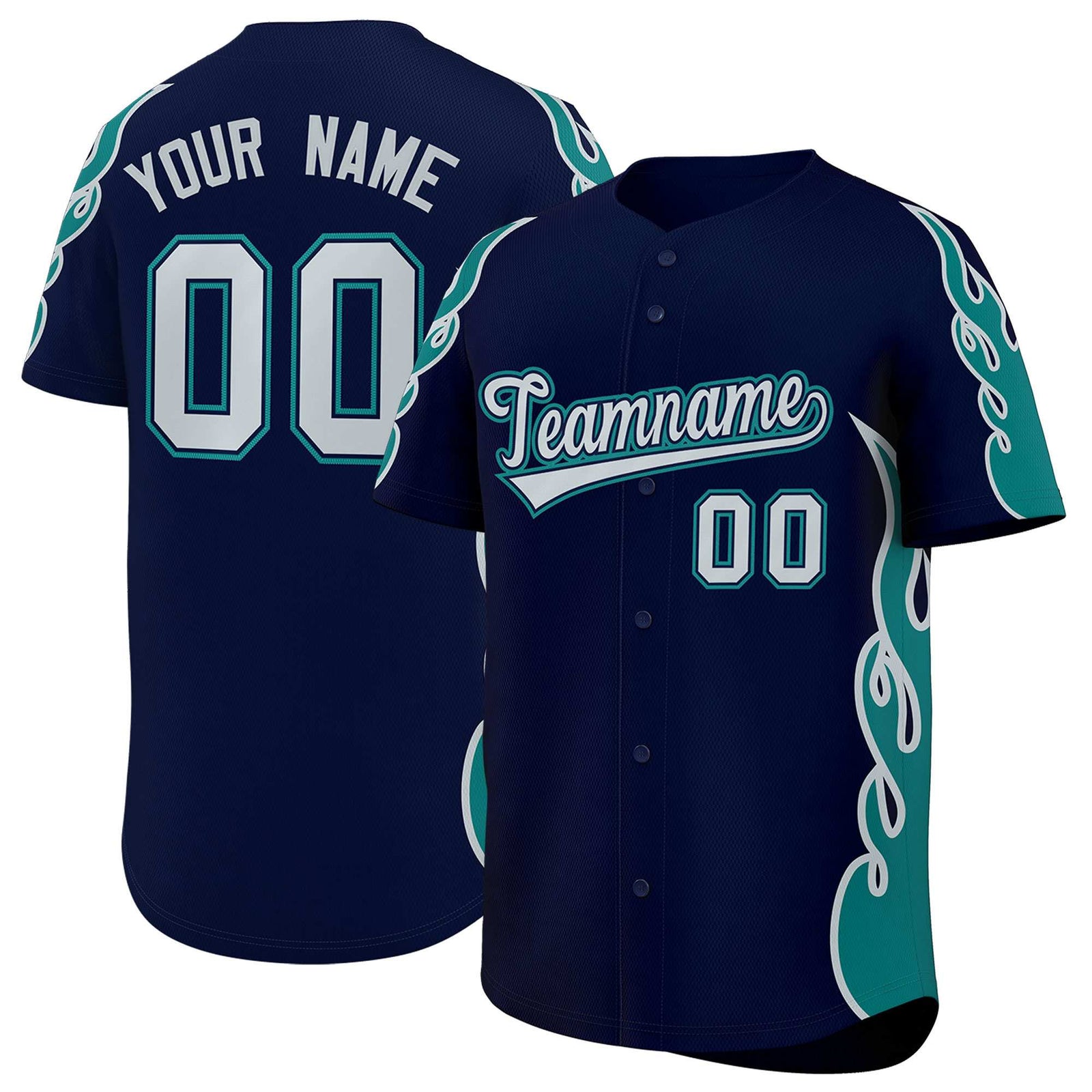 Custom Navy Teal Side Flame Outline Pattern Sports Uniform Basetball Jersey