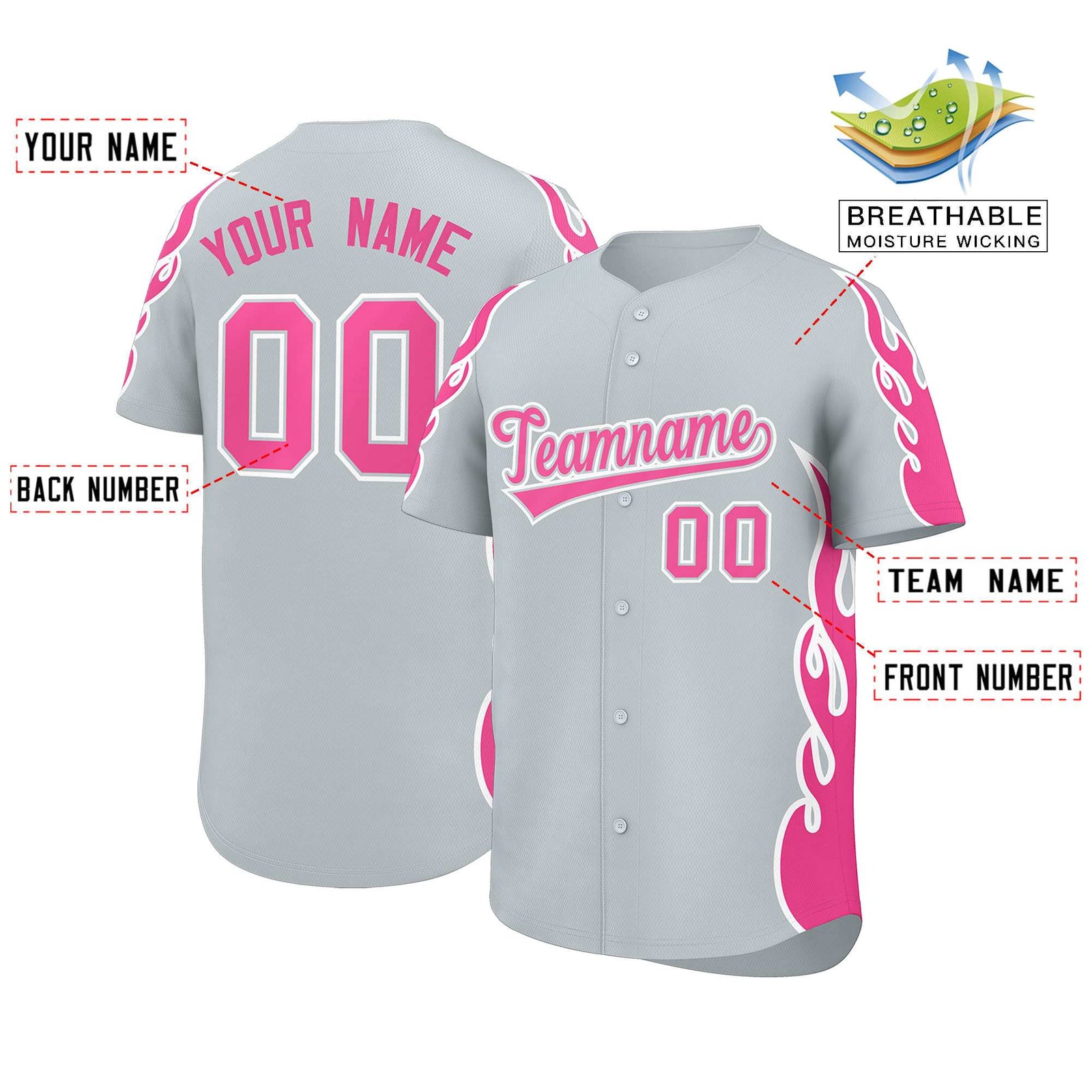 Custom Silver Pink Side Flame Outline Pattern Sports Uniform Basetball Jersey