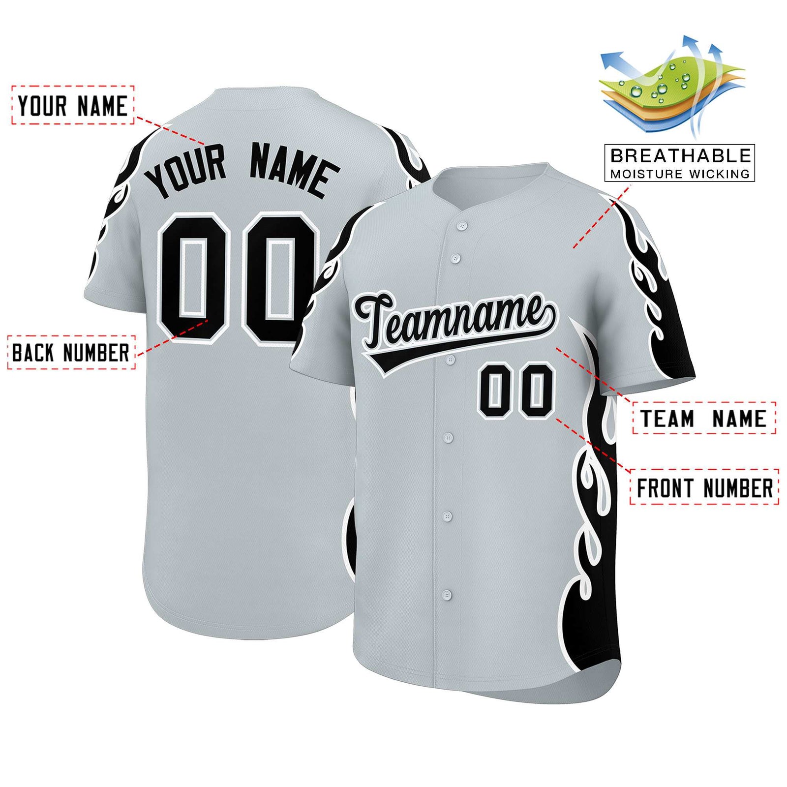 Custom Silver Black Side Flame Outline Pattern Sports Uniform Basetball Jersey