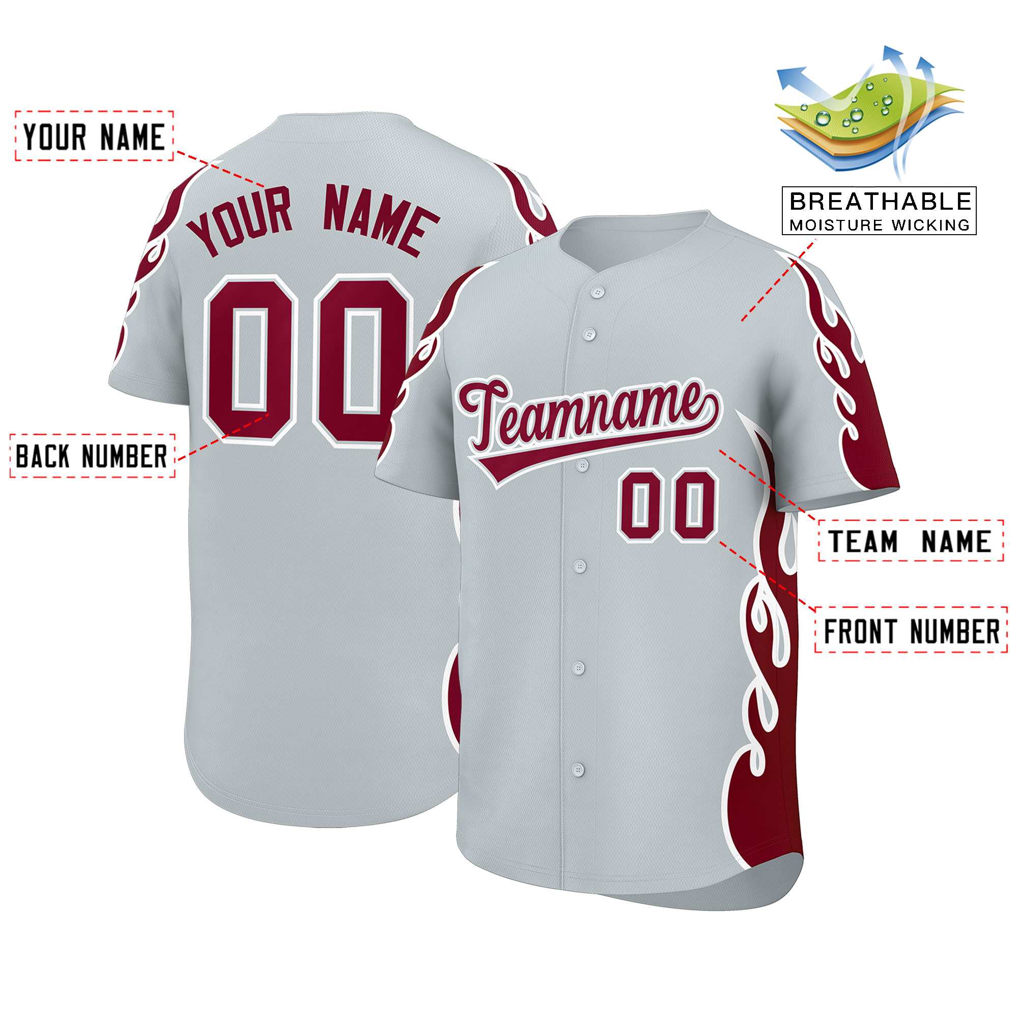 Custom Silver Crimson Side Flame Outline Pattern Sports Uniform Basetball Jersey