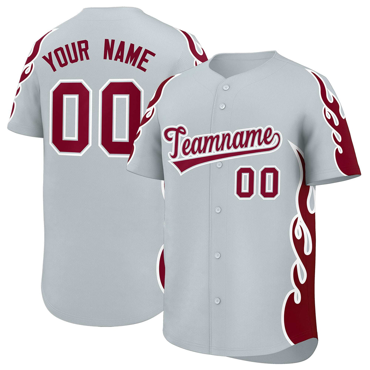Custom Silver Crimson Side Flame Outline Pattern Sports Uniform Basetball Jersey