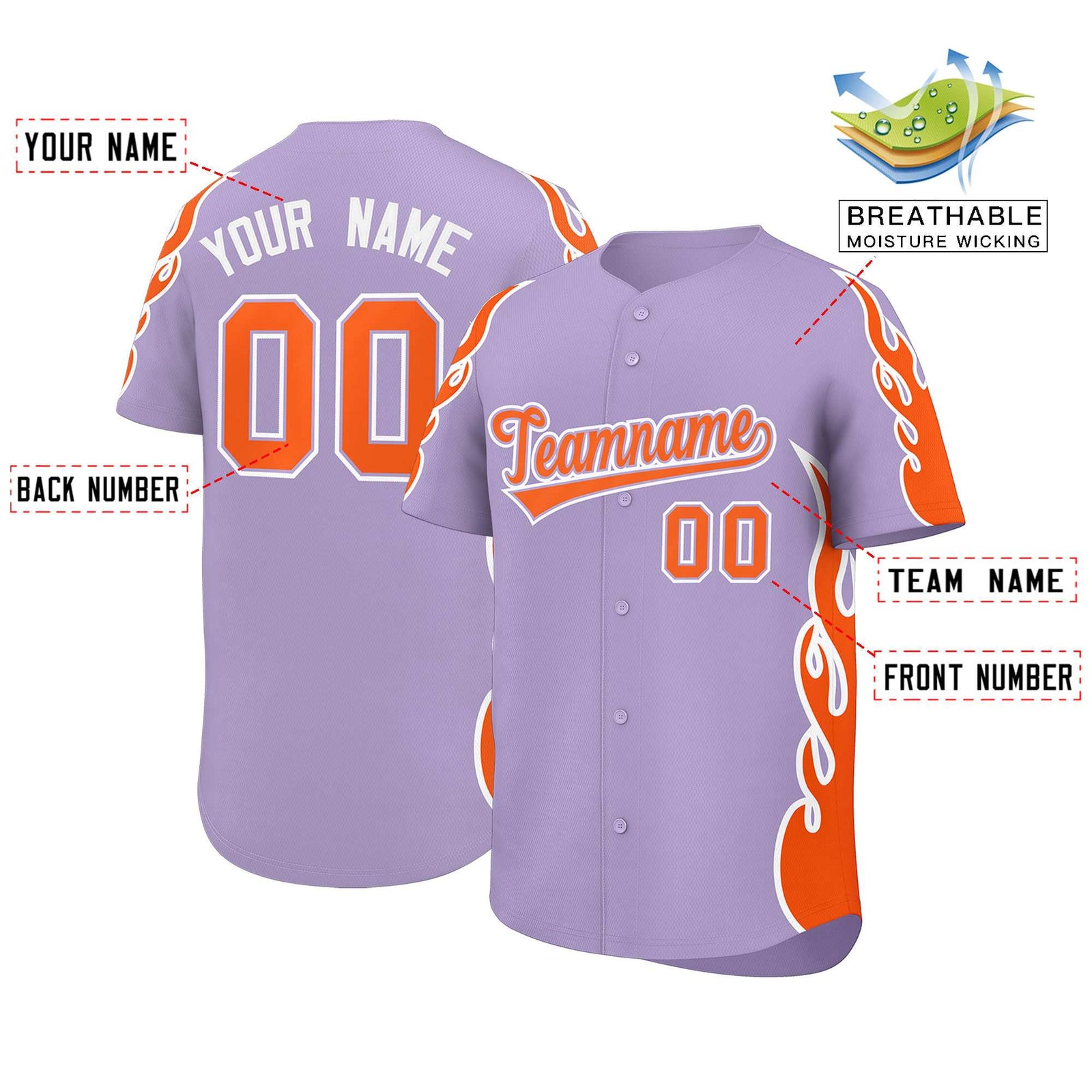 Custom Light Purple Orange Side Flame Outline Pattern Sports Uniform Basetball Jersey