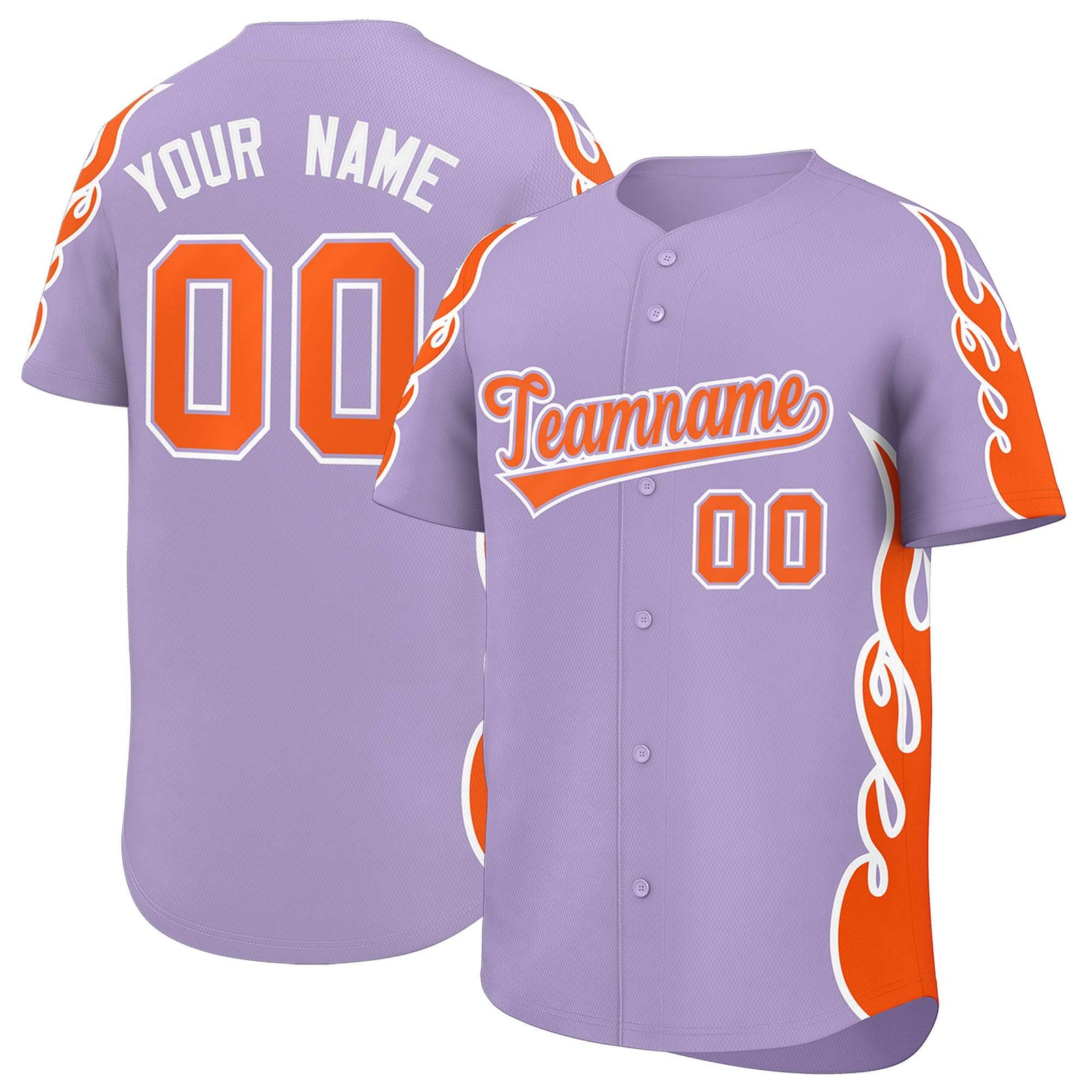 Custom Light Purple Orange Side Flame Outline Pattern Sports Uniform Basetball Jersey