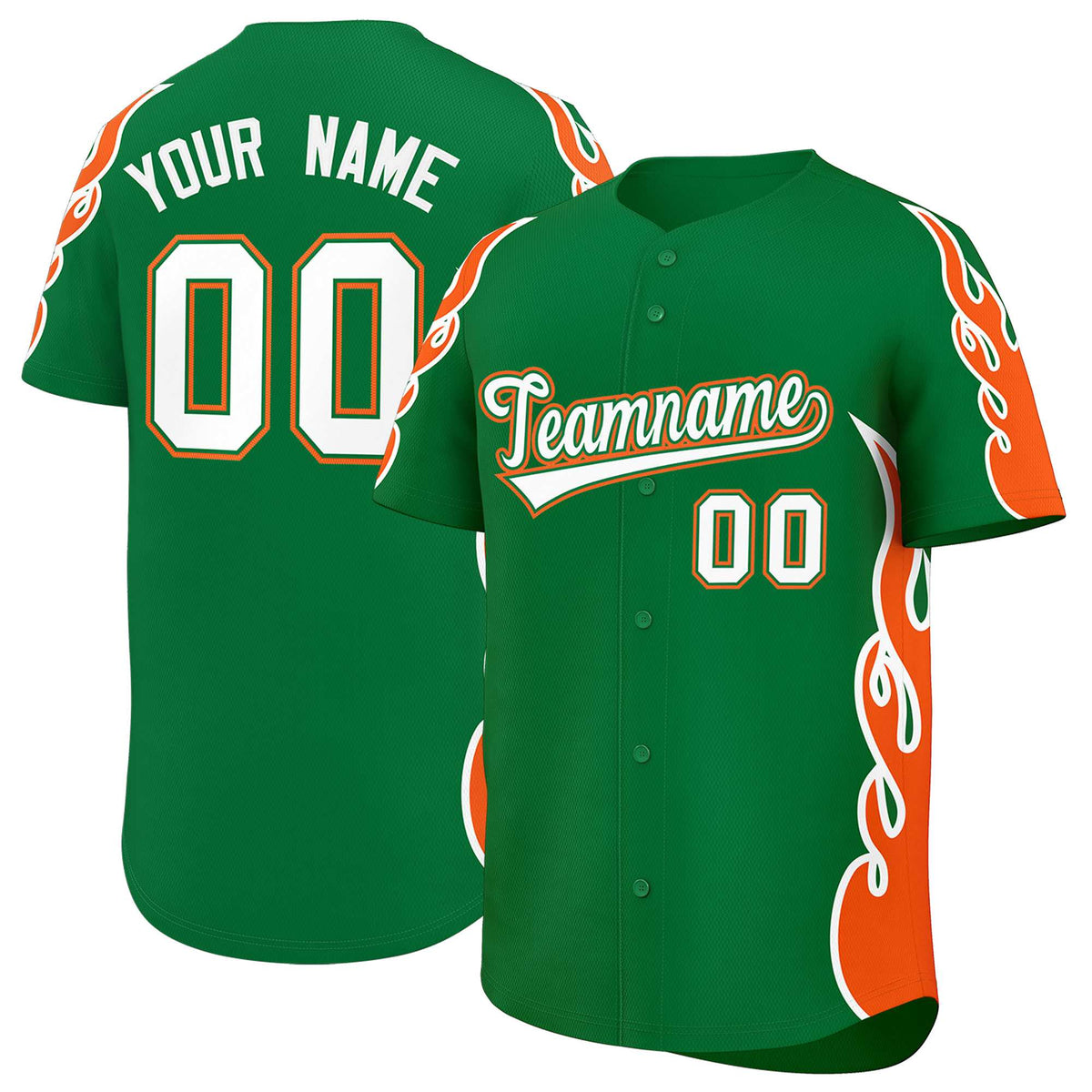 Custom Kelly Green Orange Side Flame Outline Pattern Sports Uniform Basetball Jersey