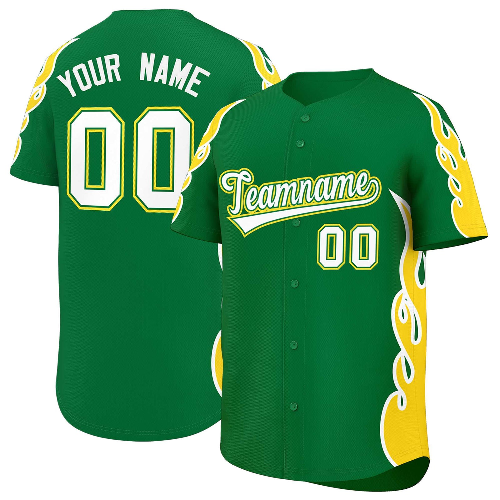 Custom Kelly Green Gold Side Flame Outline Pattern Sports Uniform Basetball Jersey