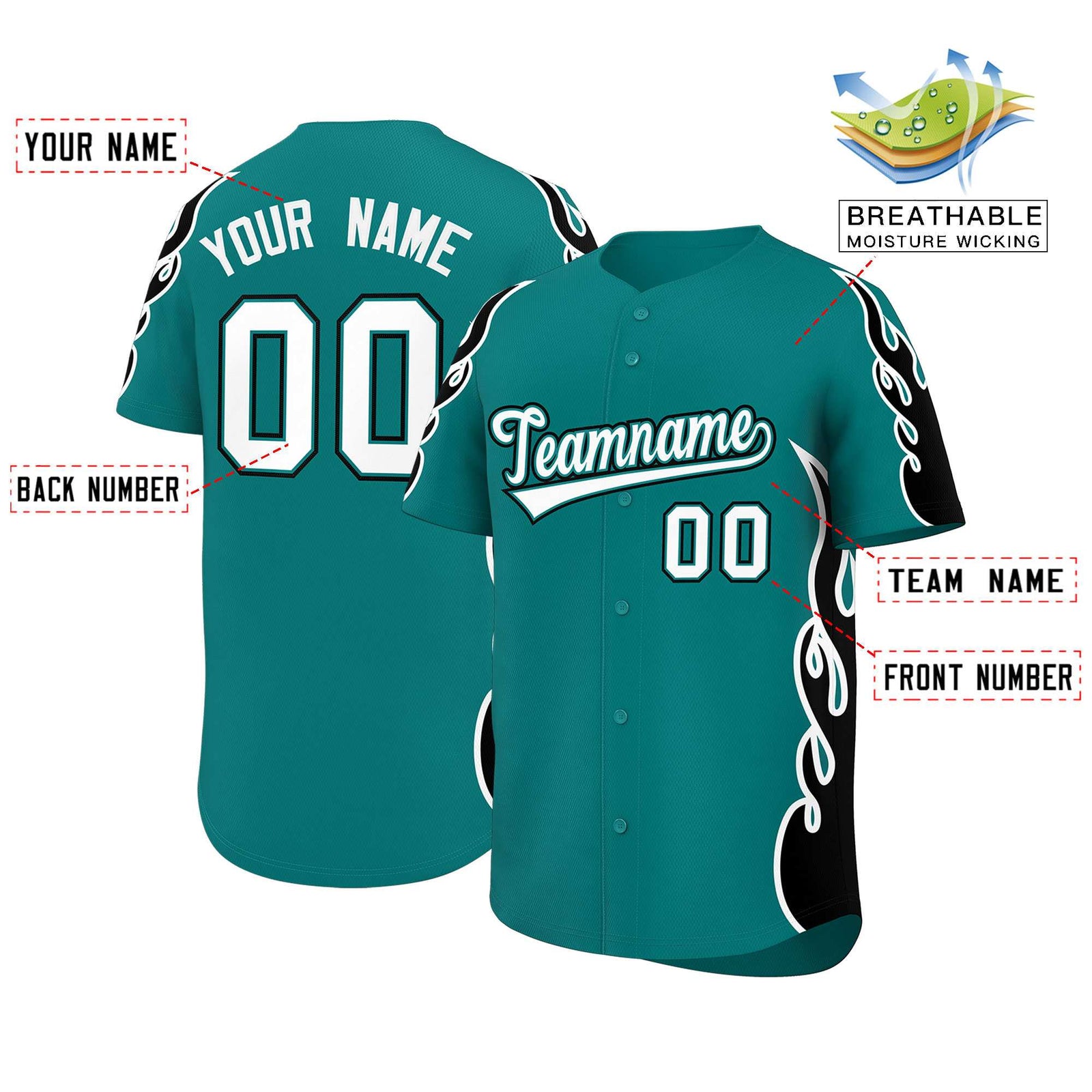 Custom Teal Black Side Flame Outline Pattern Sports Uniform Basetball Jersey