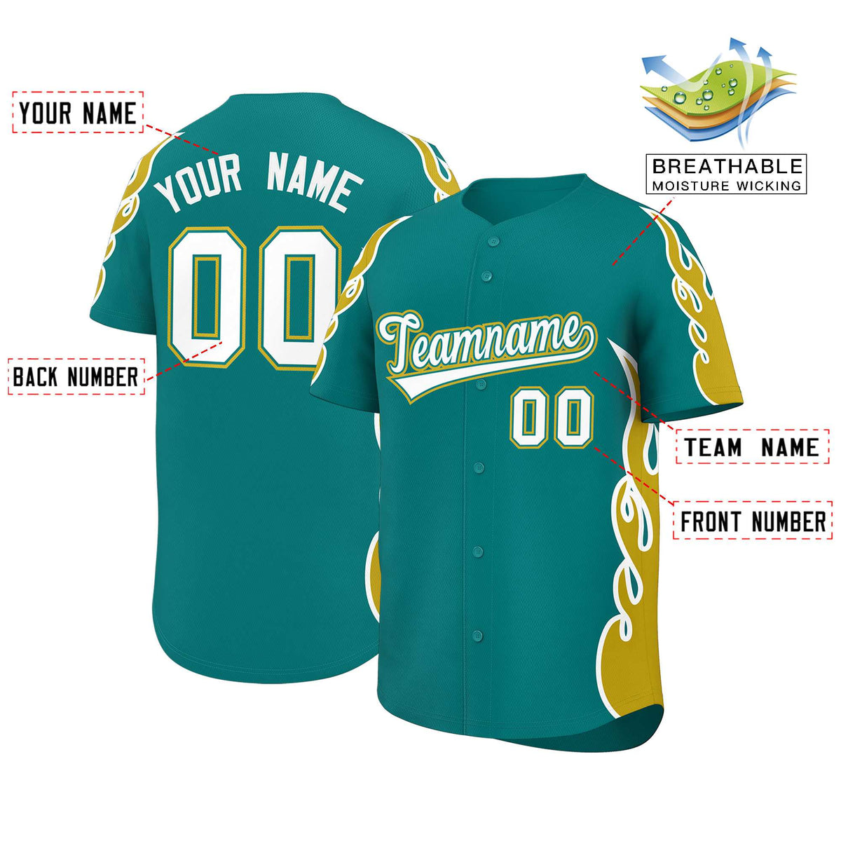 Custom Teal Old Gold Side Flame Outline Pattern Sports Uniform Basetball Jersey