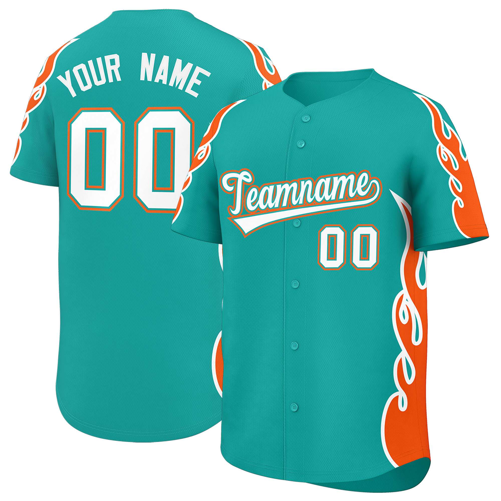 Custom Aqua Orange Side Flame Outline Pattern Sports Uniform Basetball Jersey