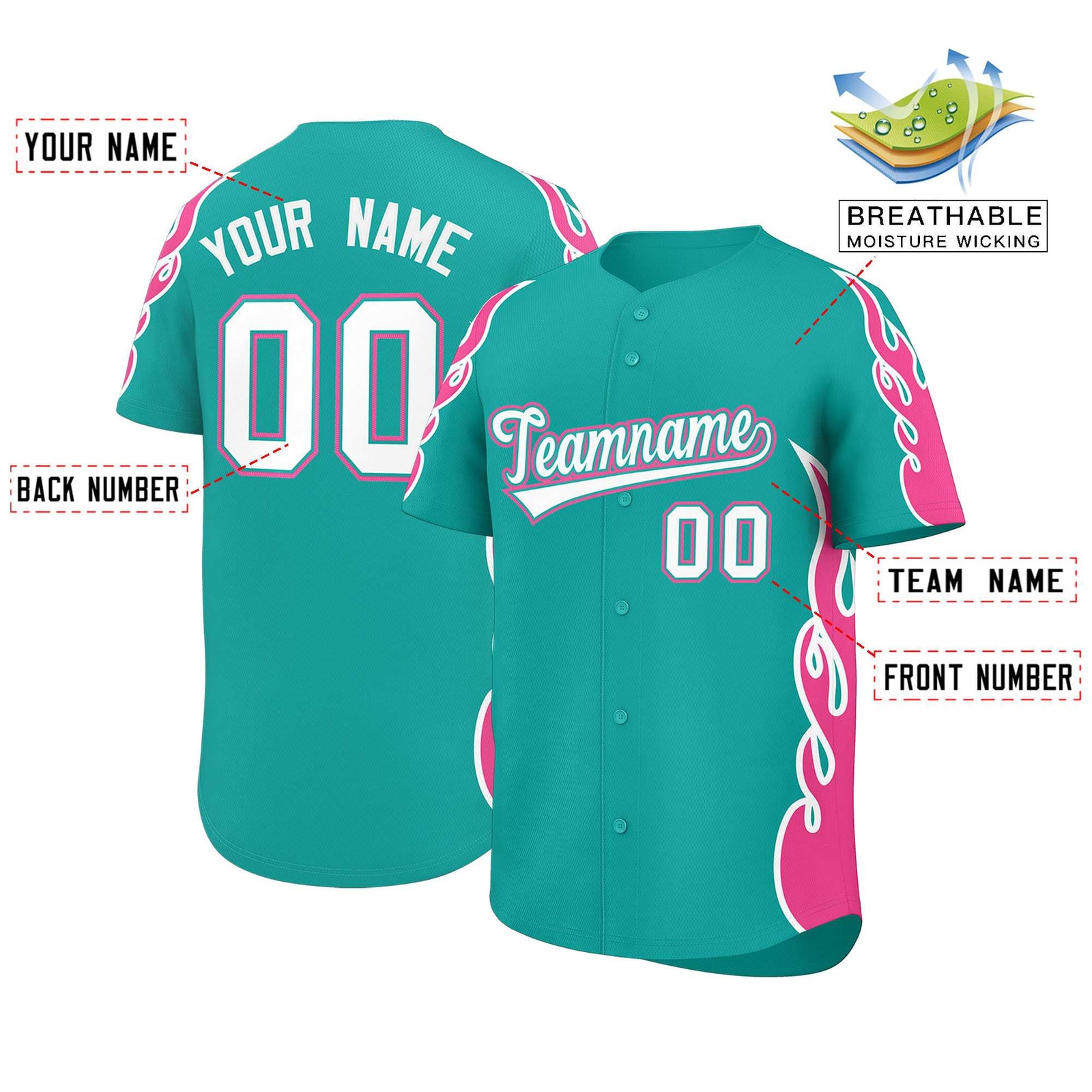 Custom Aqua Pink Side Flame Outline Pattern Sports Uniform Basetball Jersey