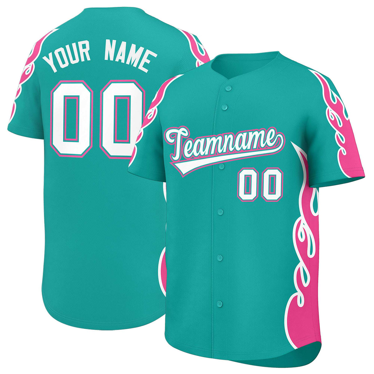 Custom Aqua Pink Side Flame Outline Pattern Sports Uniform Basetball Jersey