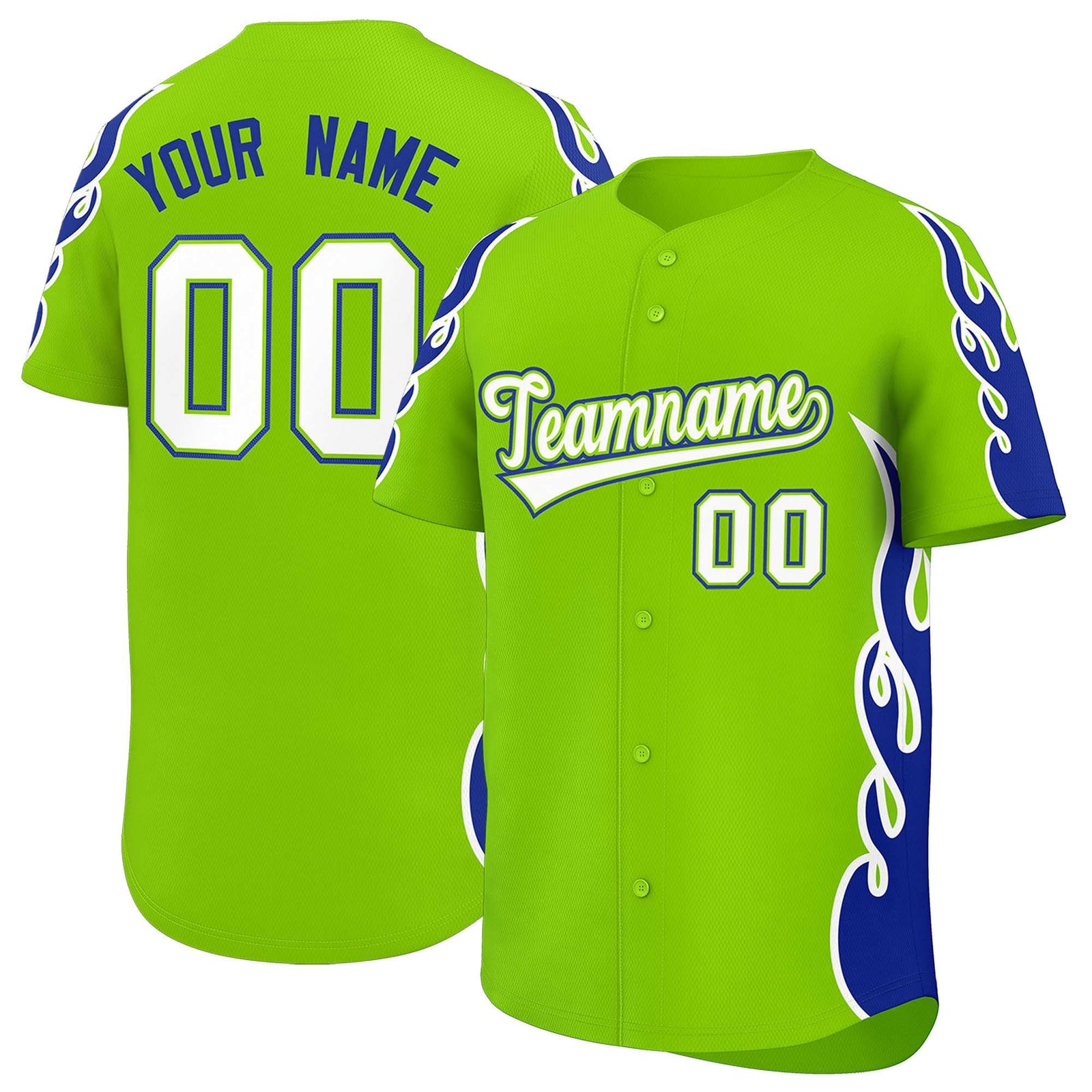 Custom Neon Green Royal Side Flame Outline Pattern Sports Uniform Basetball Jersey