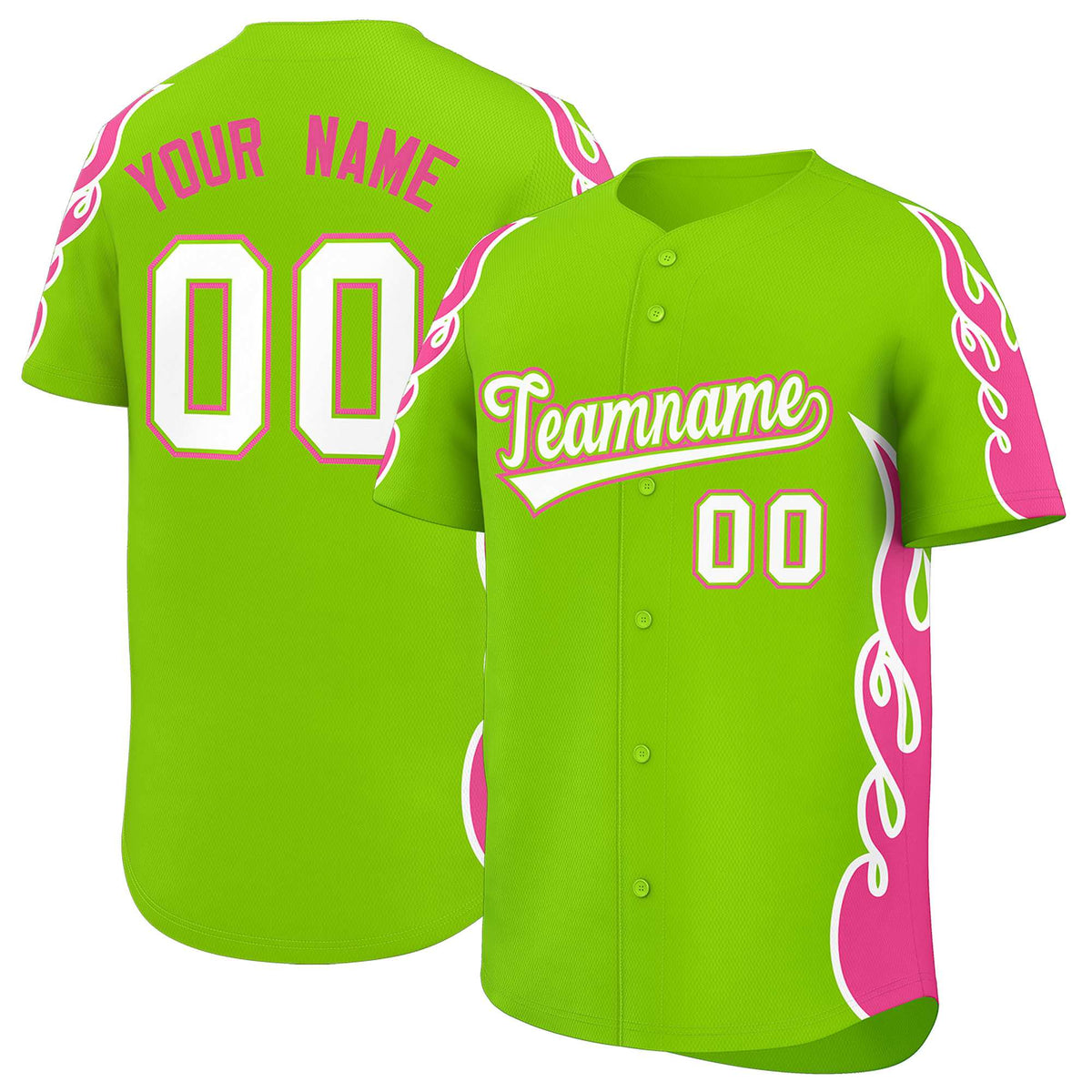 Custom Neon Green Pink Side Flame Outline Pattern Sports Uniform Basetball Jersey