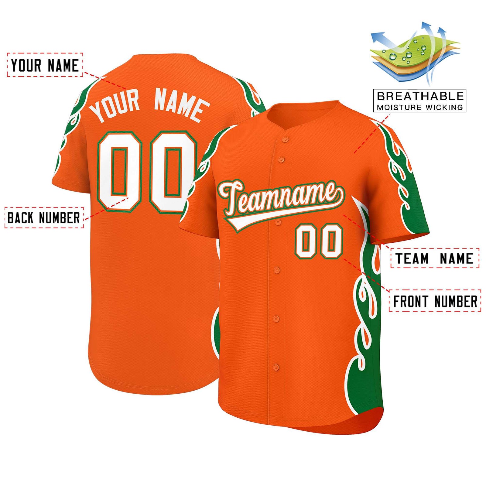 Custom Orange Kelly Green Side Flame Outline Pattern Sports Uniform Basetball Jersey