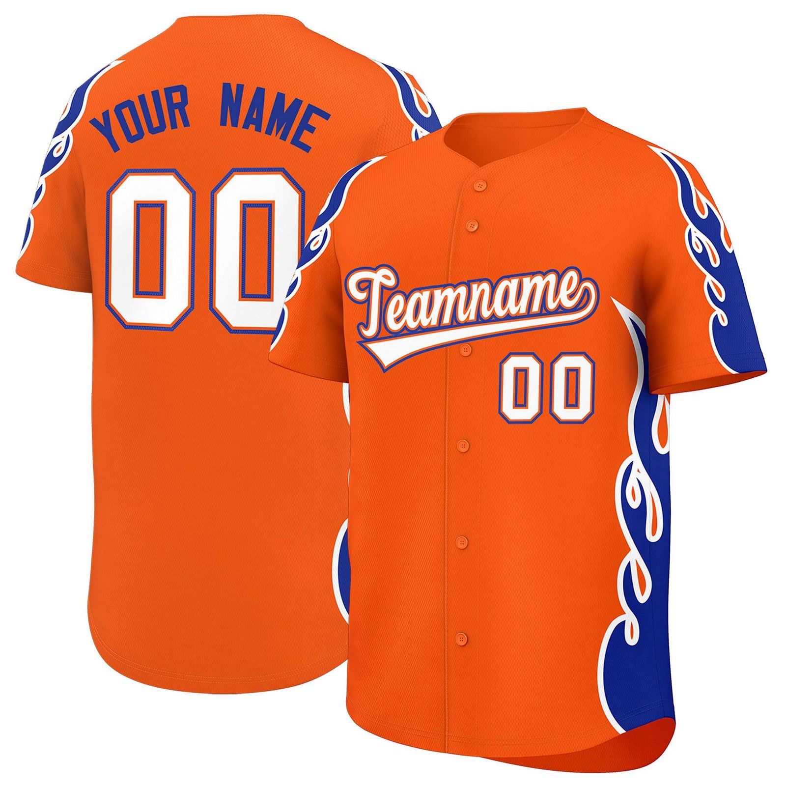 Custom Orange Royal Side Flame Outline Pattern Sports Uniform Basetball Jersey