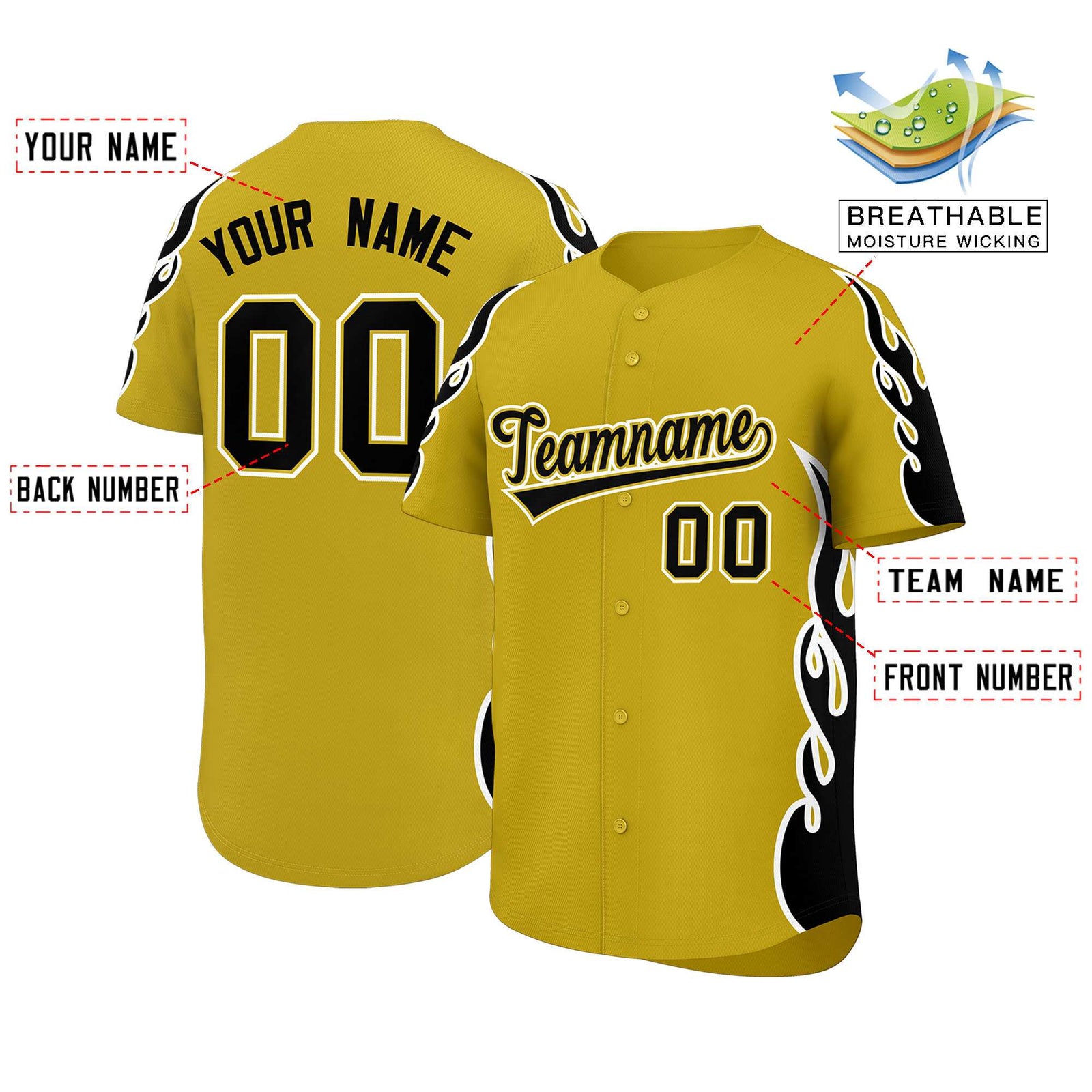 Custom Old Gold Black Side Flame Outline Pattern Sports Uniform Basetball Jersey