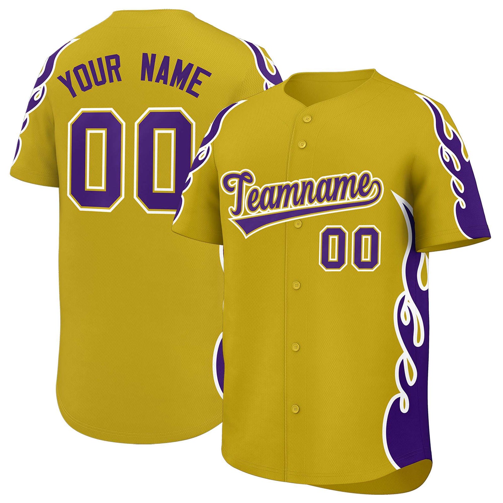 Custom Old Gold Purple Side Flame Outline Pattern Sports Uniform Basetball Jersey