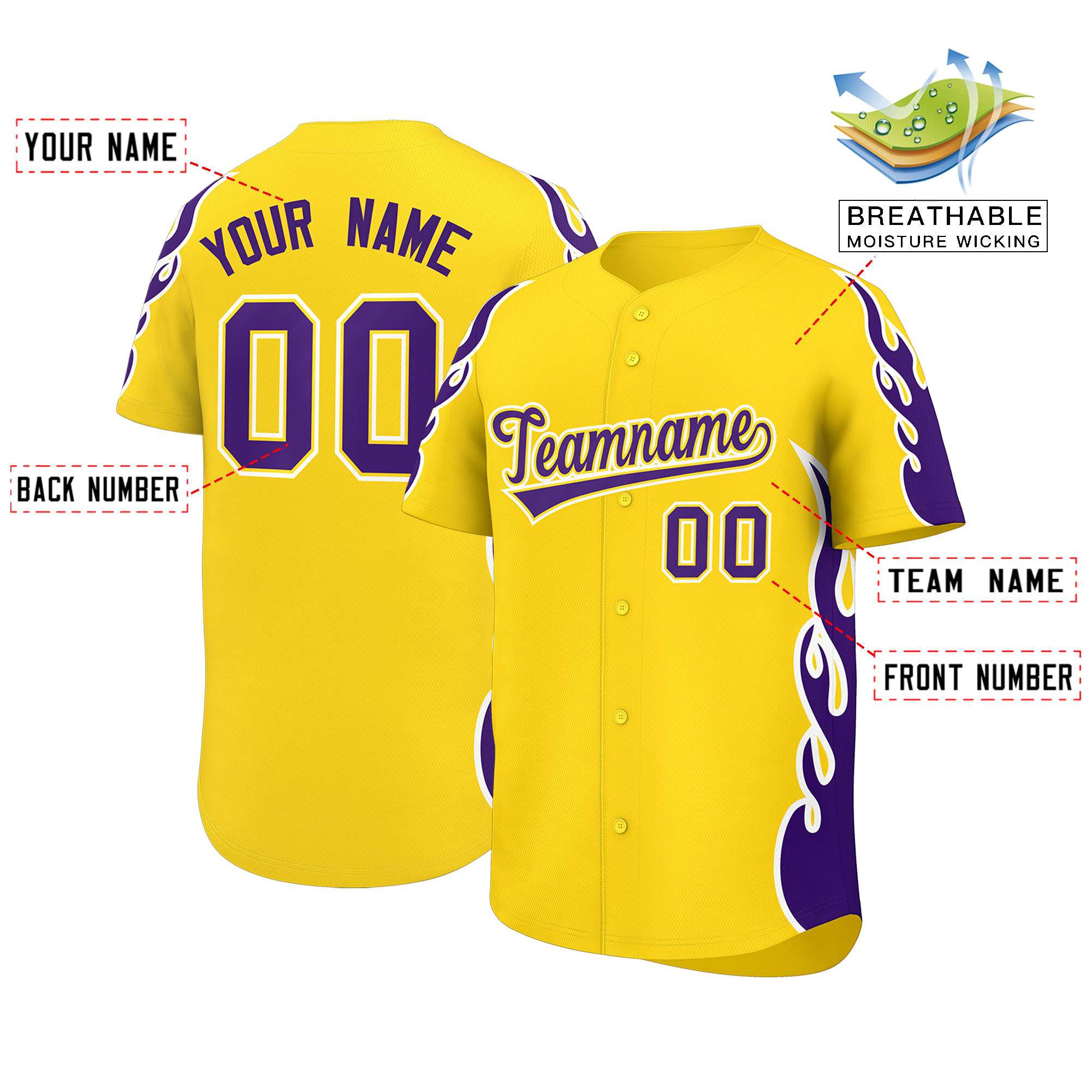 Custom Gold Purple Side Flame Outline Pattern Sports Uniform Basetball Jersey