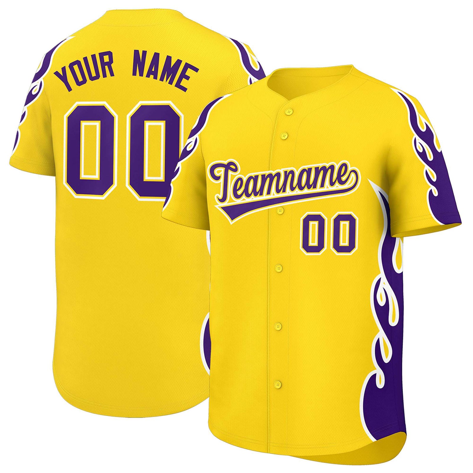 Custom Gold Purple Side Flame Outline Pattern Sports Uniform Basetball Jersey