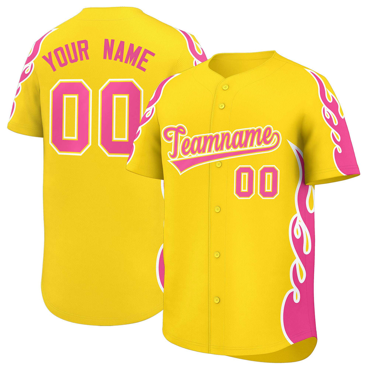 Custom Gold Pink Side Flame Outline Pattern Sports Uniform Basetball Jersey