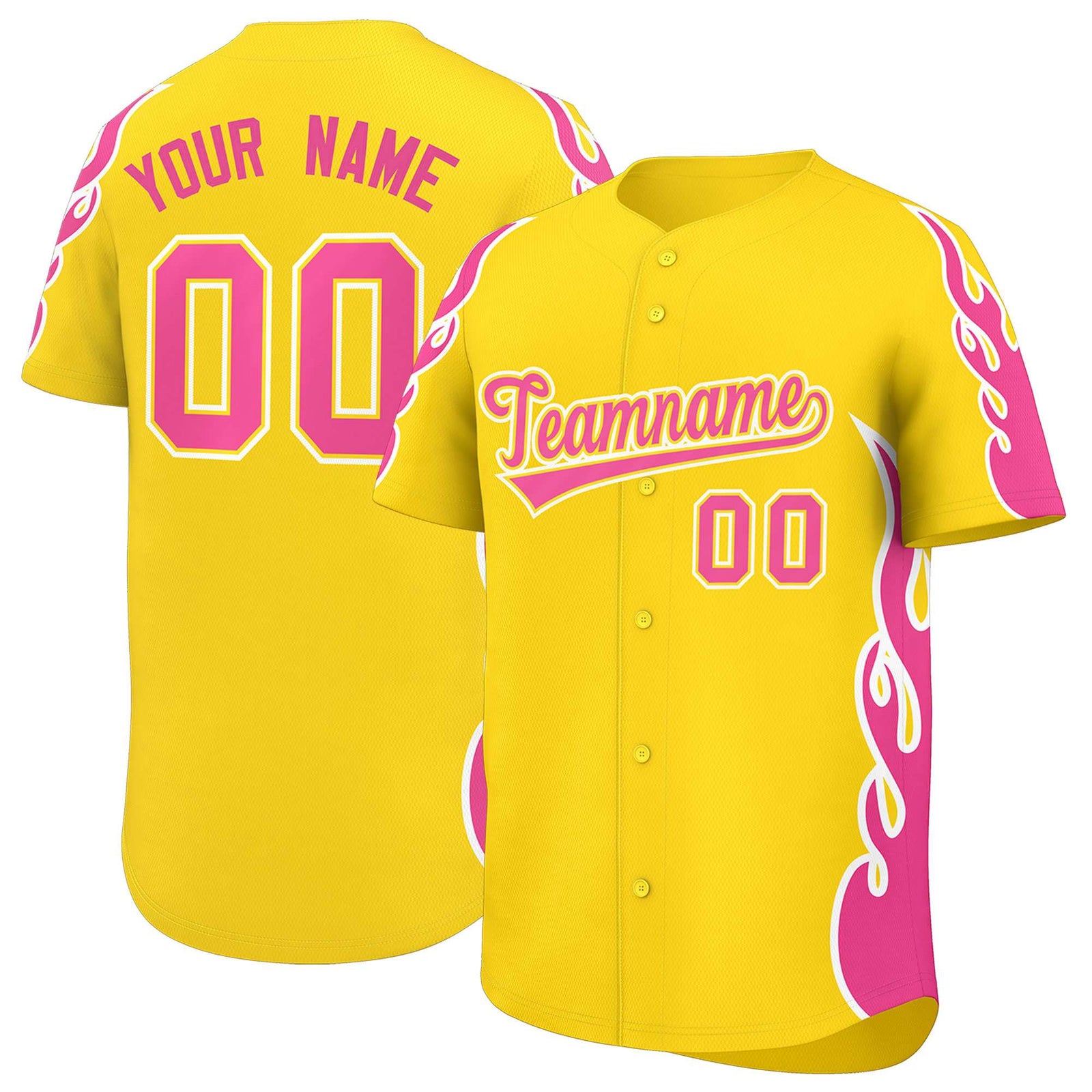Custom Gold Pink Side Flame Outline Pattern Sports Uniform Basetball Jersey