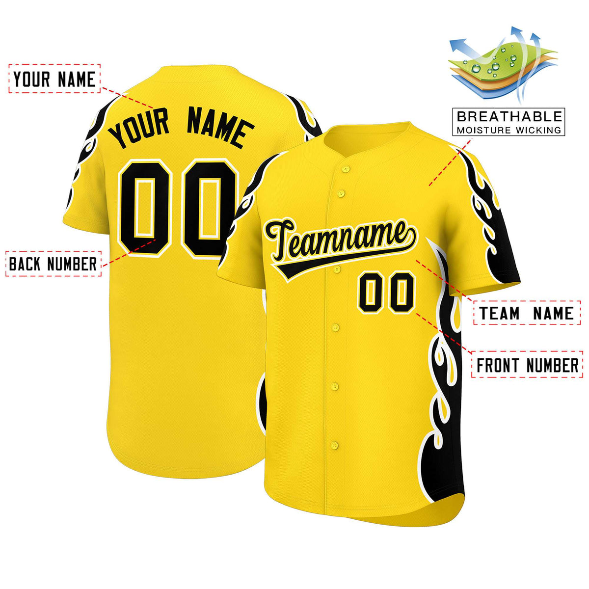 Custom Gold Black Side Flame Outline Pattern Sports Uniform Basetball Jersey