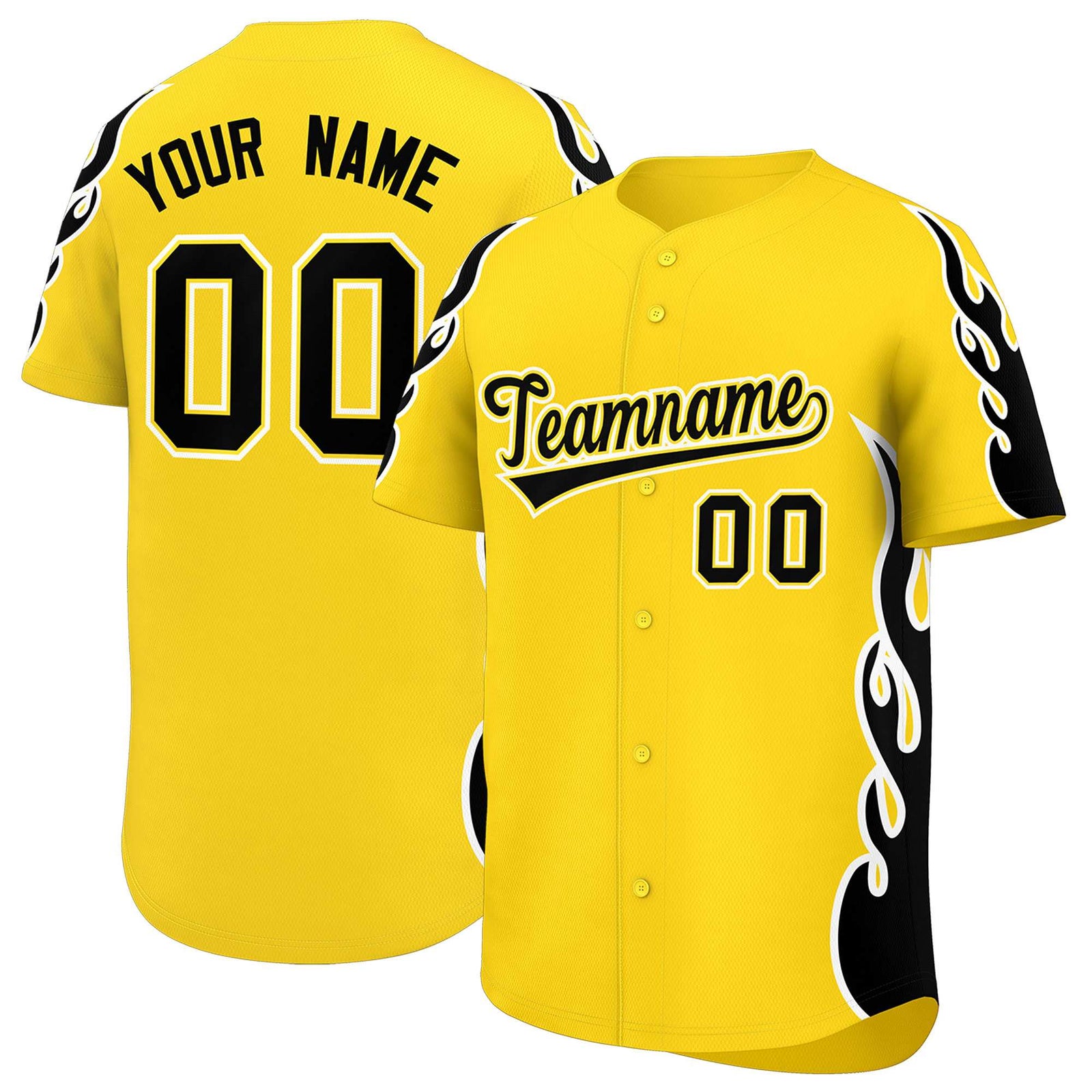 Custom Gold Black Side Flame Outline Pattern Sports Uniform Basetball Jersey