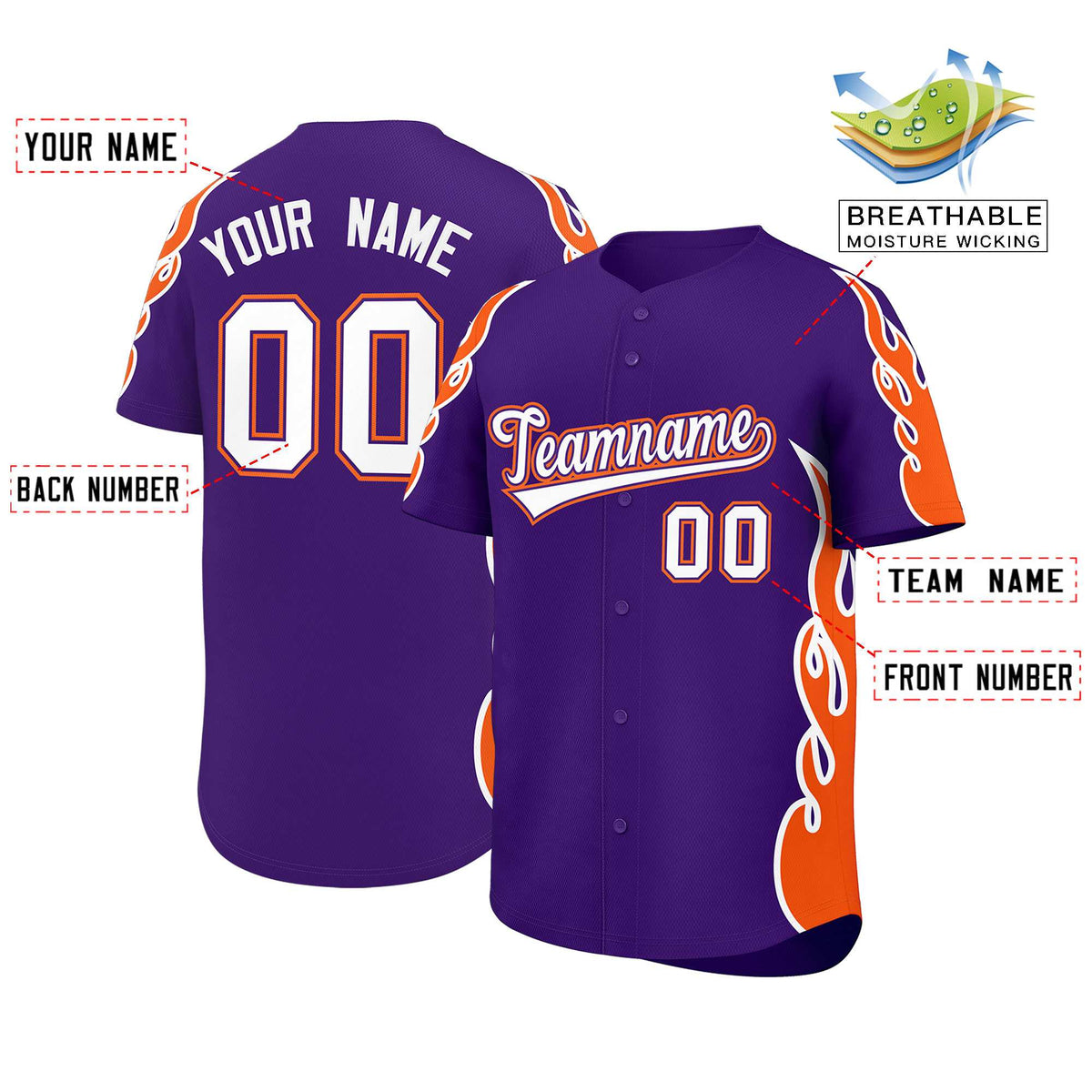 Custom Purple Orange Side Flame Outline Pattern Sports Uniform Basetball Jersey