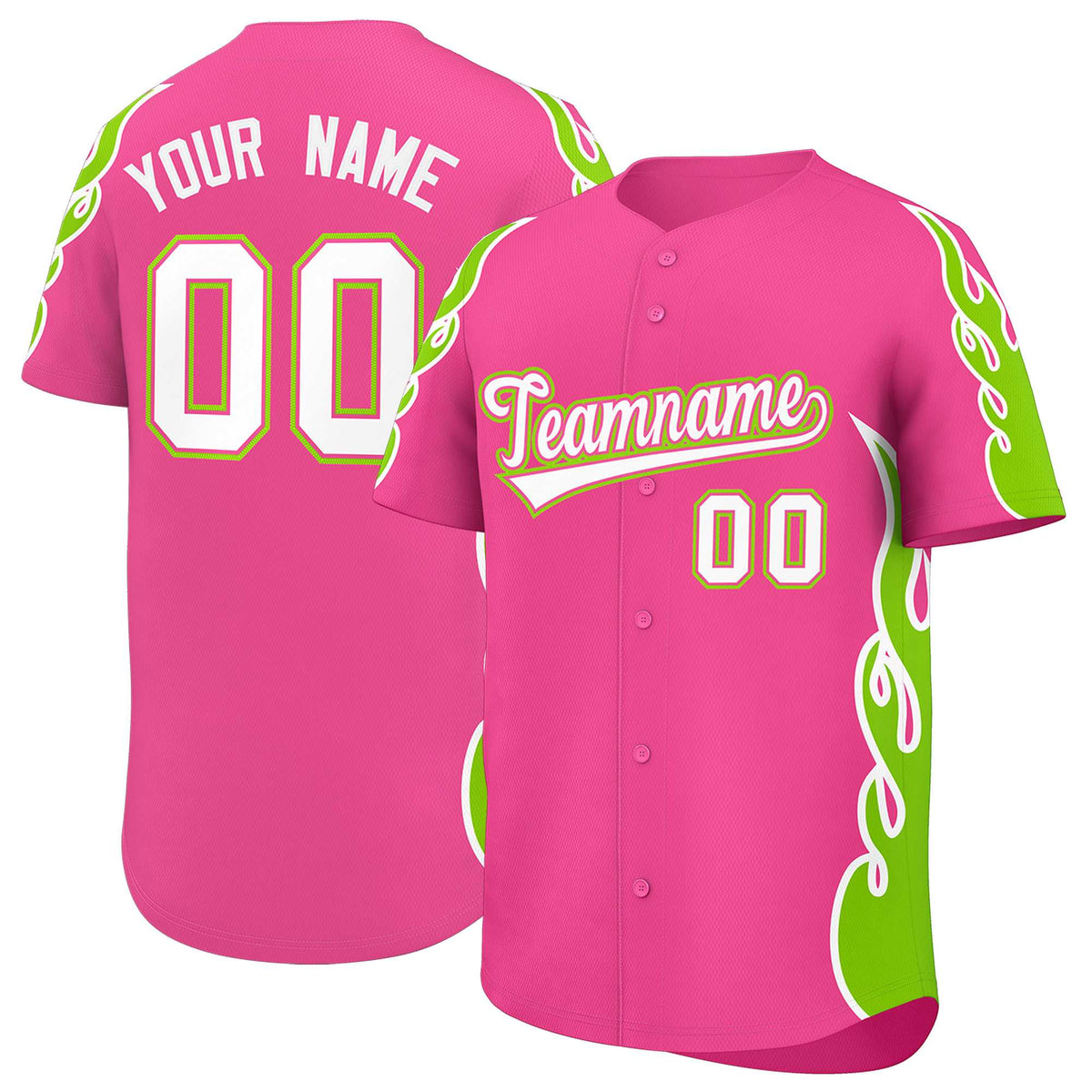 Custom Pink Neon Green Side Flame Outline Pattern Sports Uniform Basetball Jersey