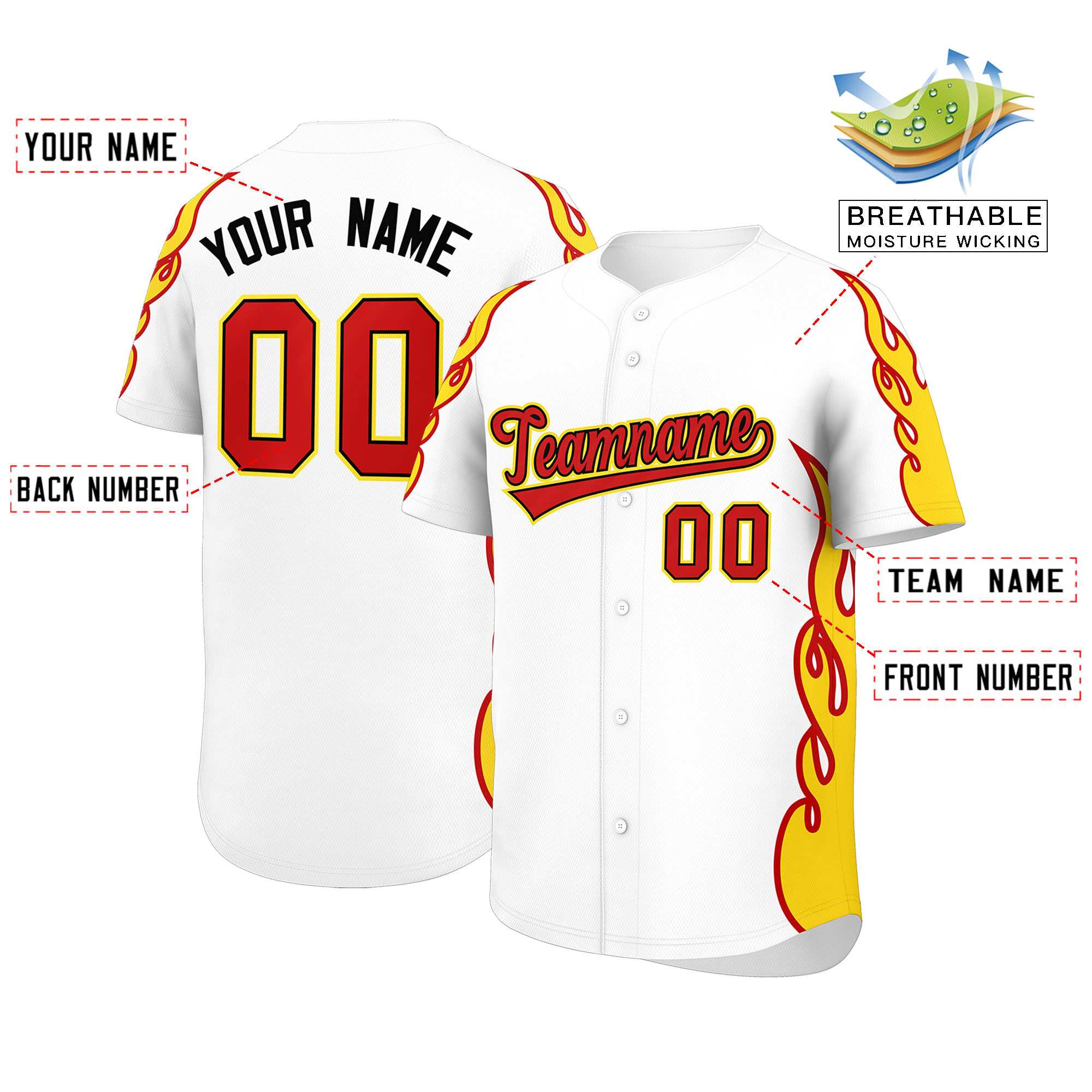 Custom White Gold Side Flame Outline Pattern Sports Uniform Basetball Jersey