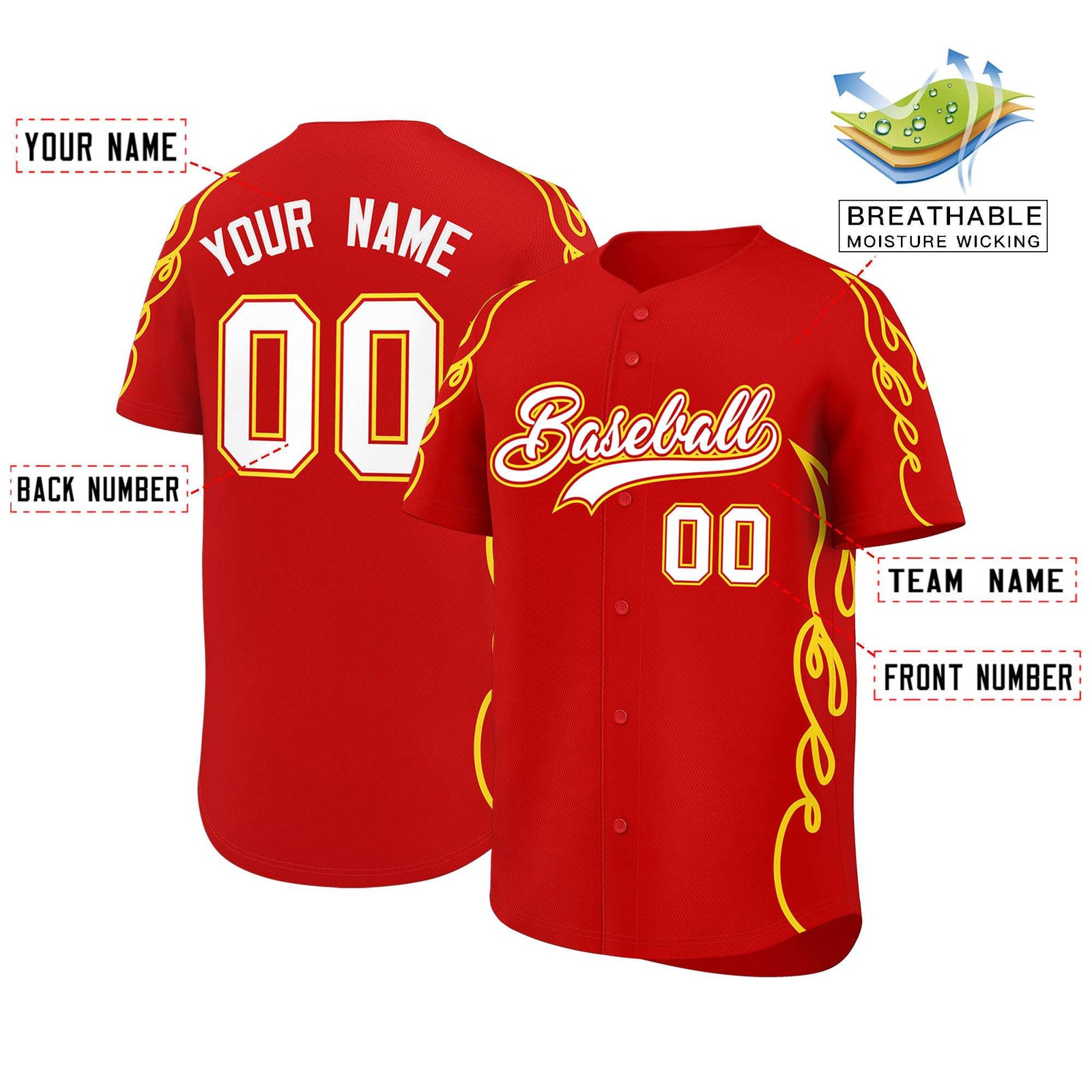 Custom Red Gold Side Flame Outline Pattern Sports Uniform Basetball Jersey