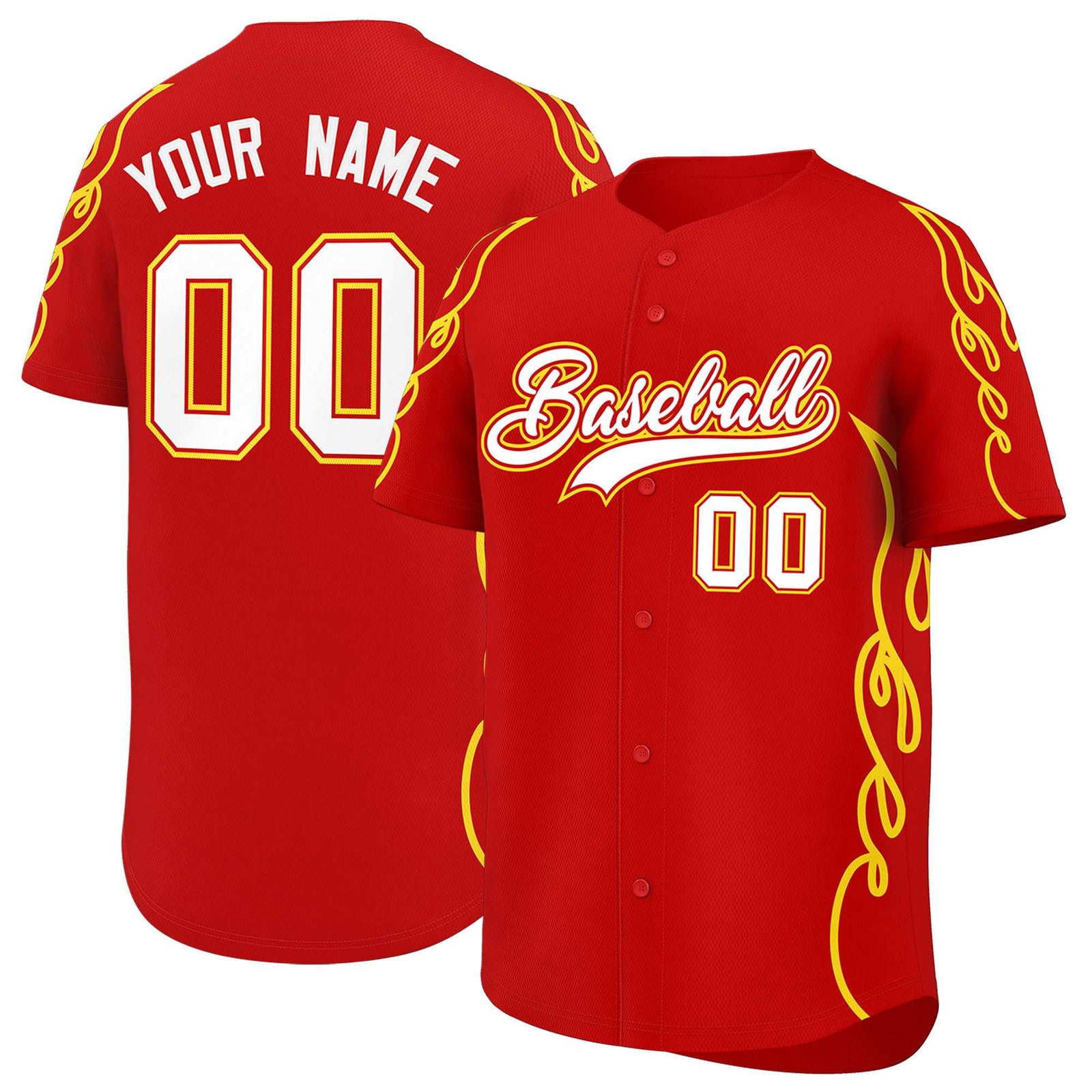 Custom Red Gold Side Flame Outline Pattern Sports Uniform Basetball Jersey